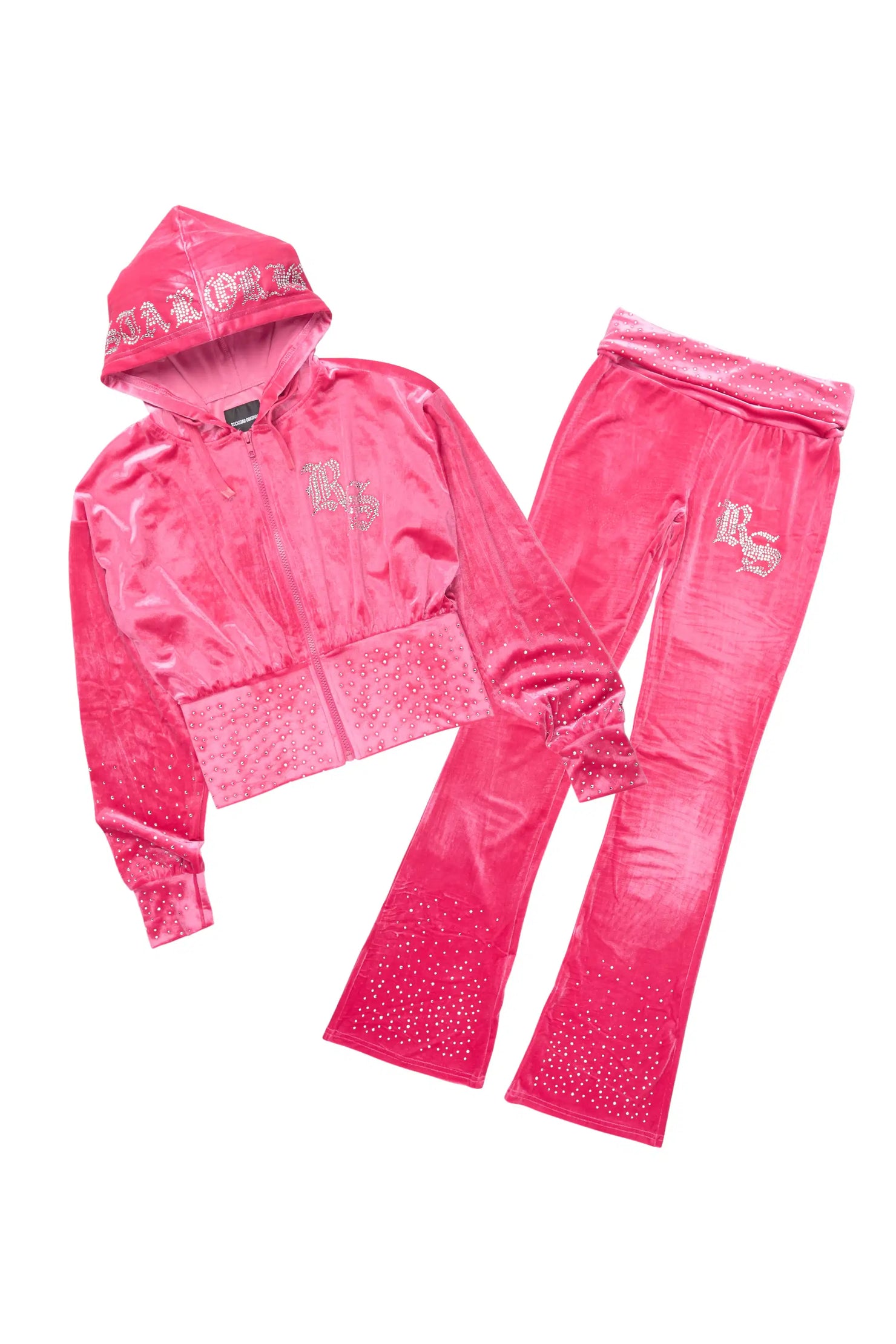 Rachell Hot Pink Rhinestone Velour Stacked Track Set