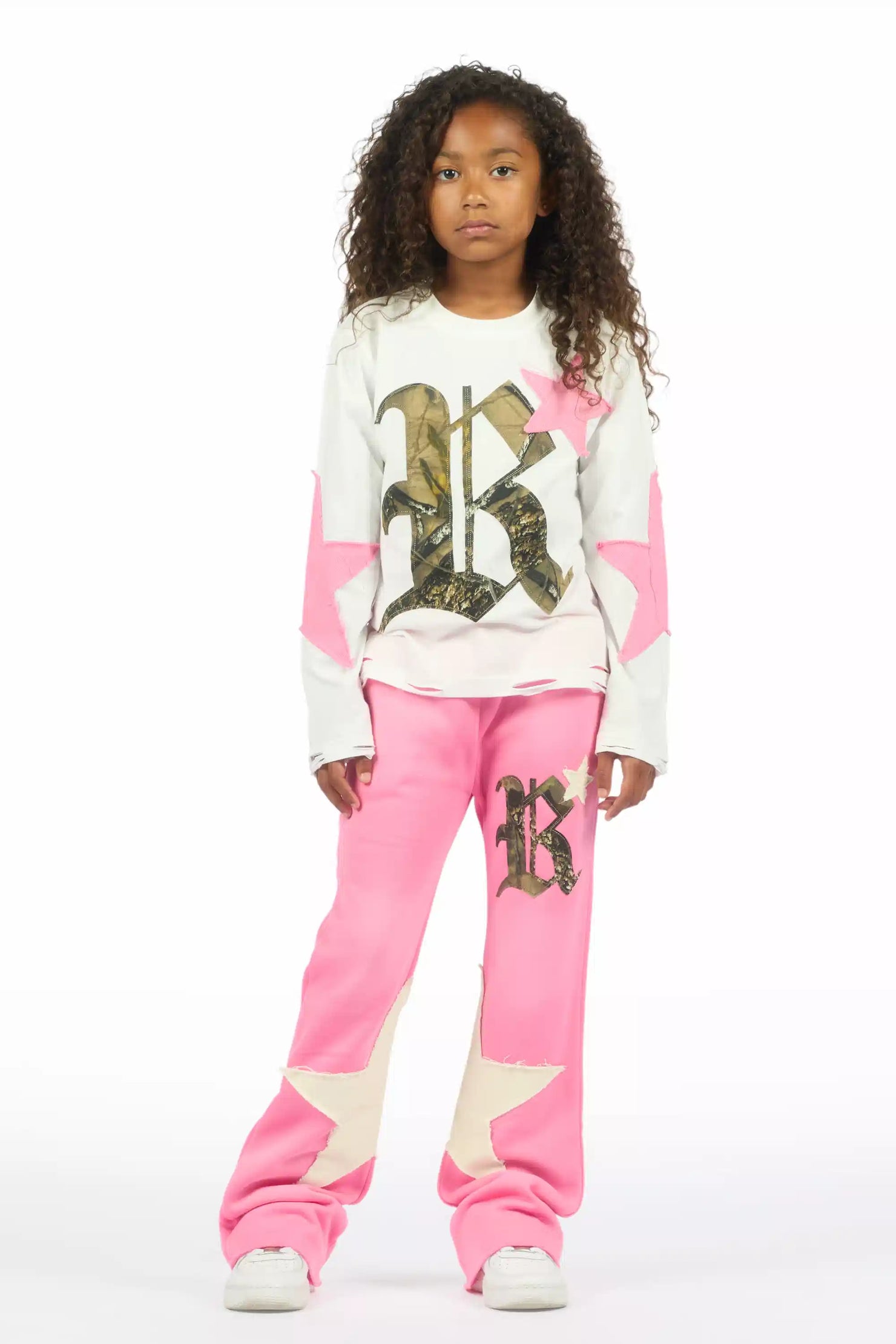 Girls Delgera White/Pink Long Sleeve T-Shirt Track Set