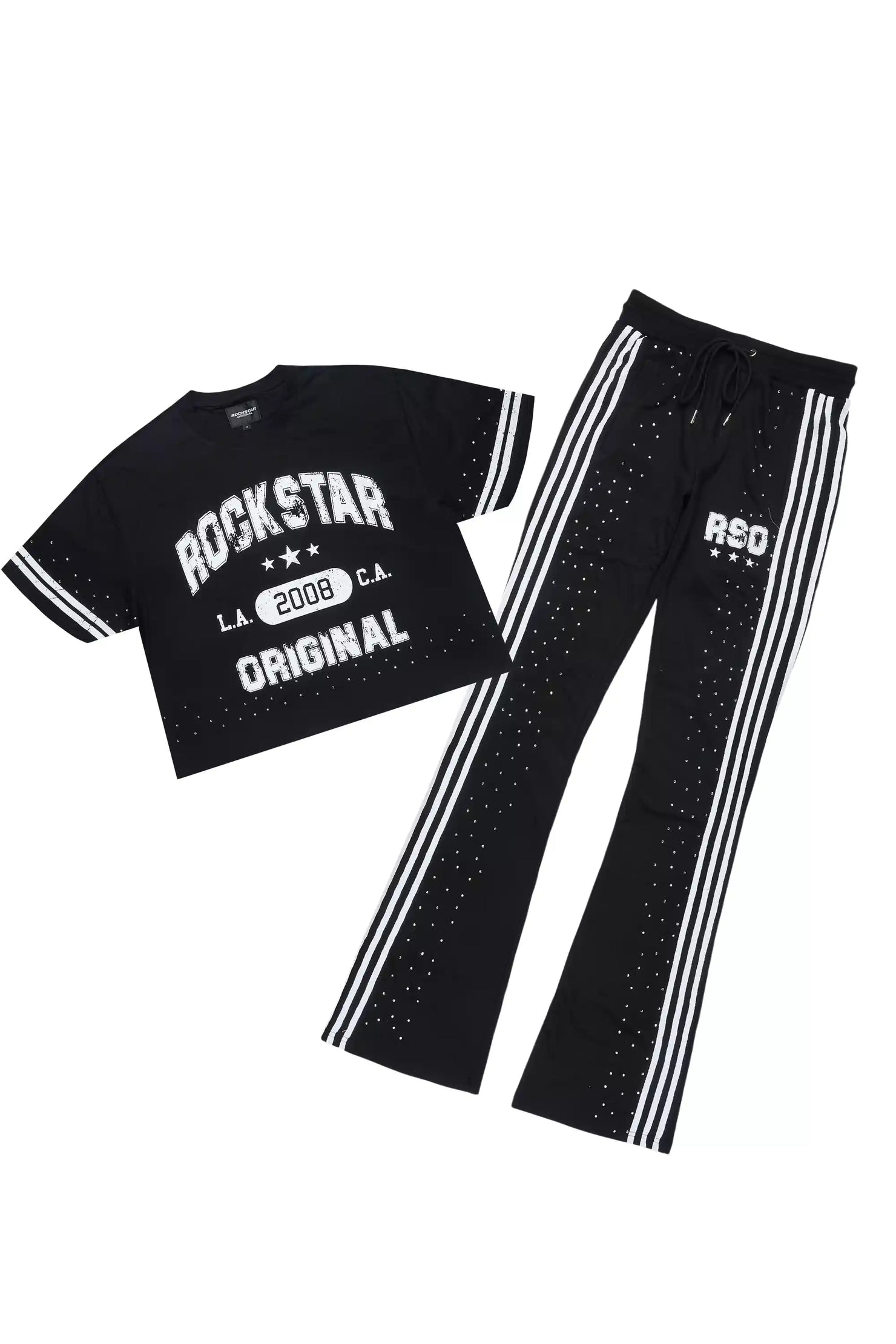Tylla Black Rhinestone T-Shirt/Baggy Stacked Track Set