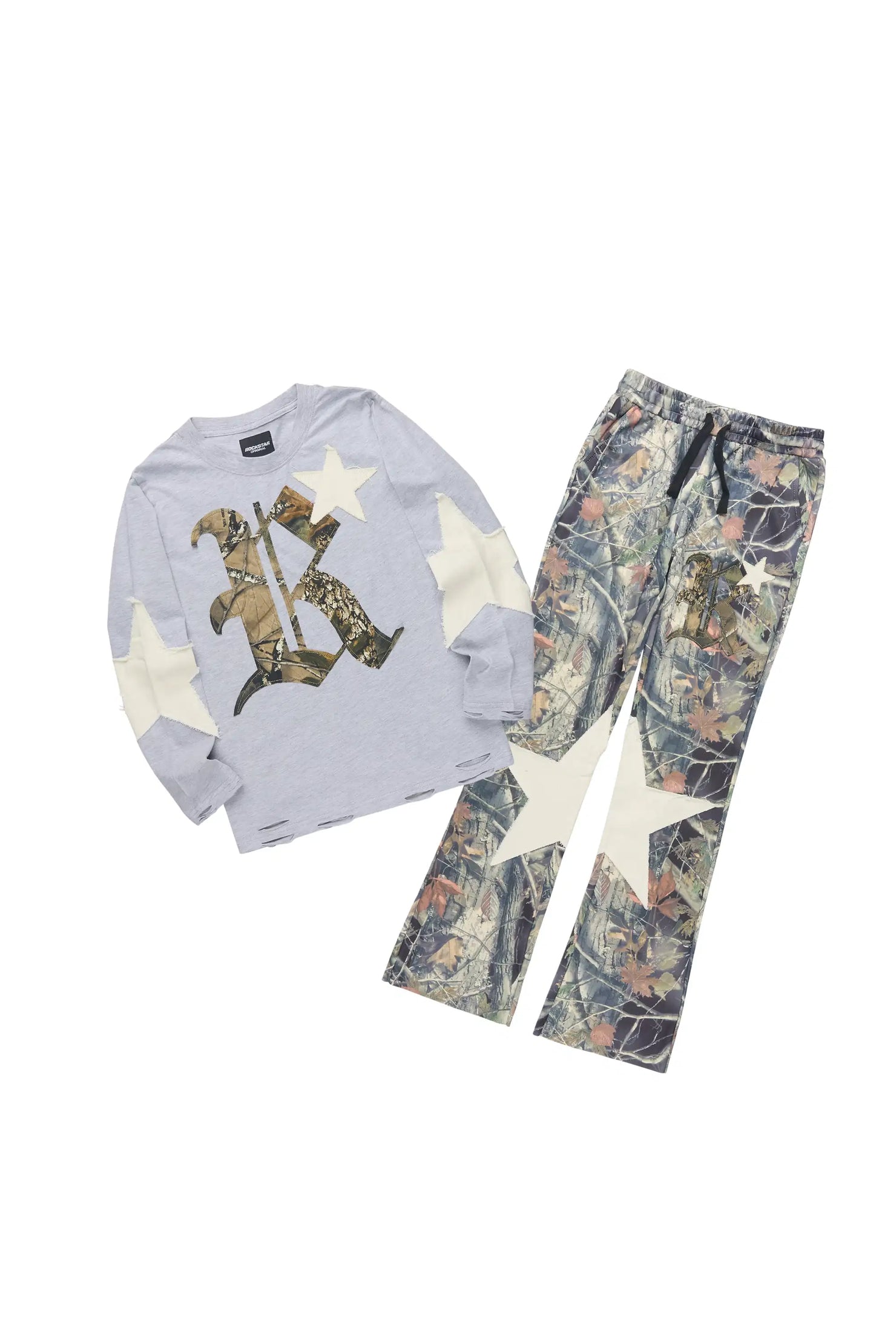 Boys Delgaro Heather Grey/Camo Long Sleeve T-Shirt Track Set