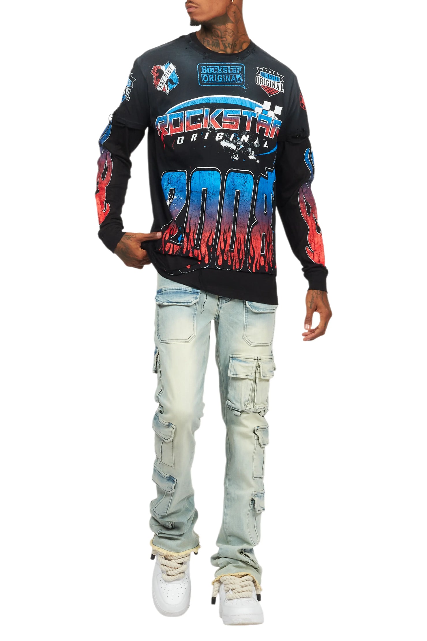 Amos Black Double Layer Long Sleeve Graphic T-Shirt