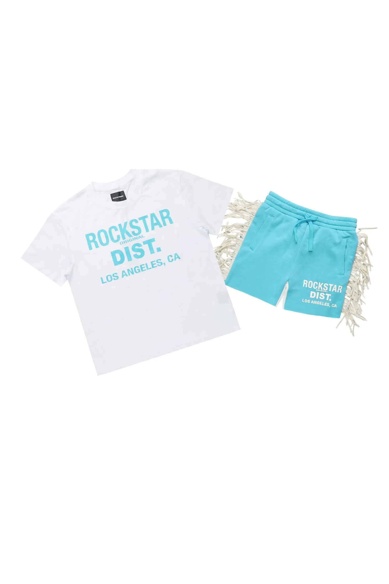 Girls Kendra White/Light Blue Graphic T-Shirt/Fringe Short Set