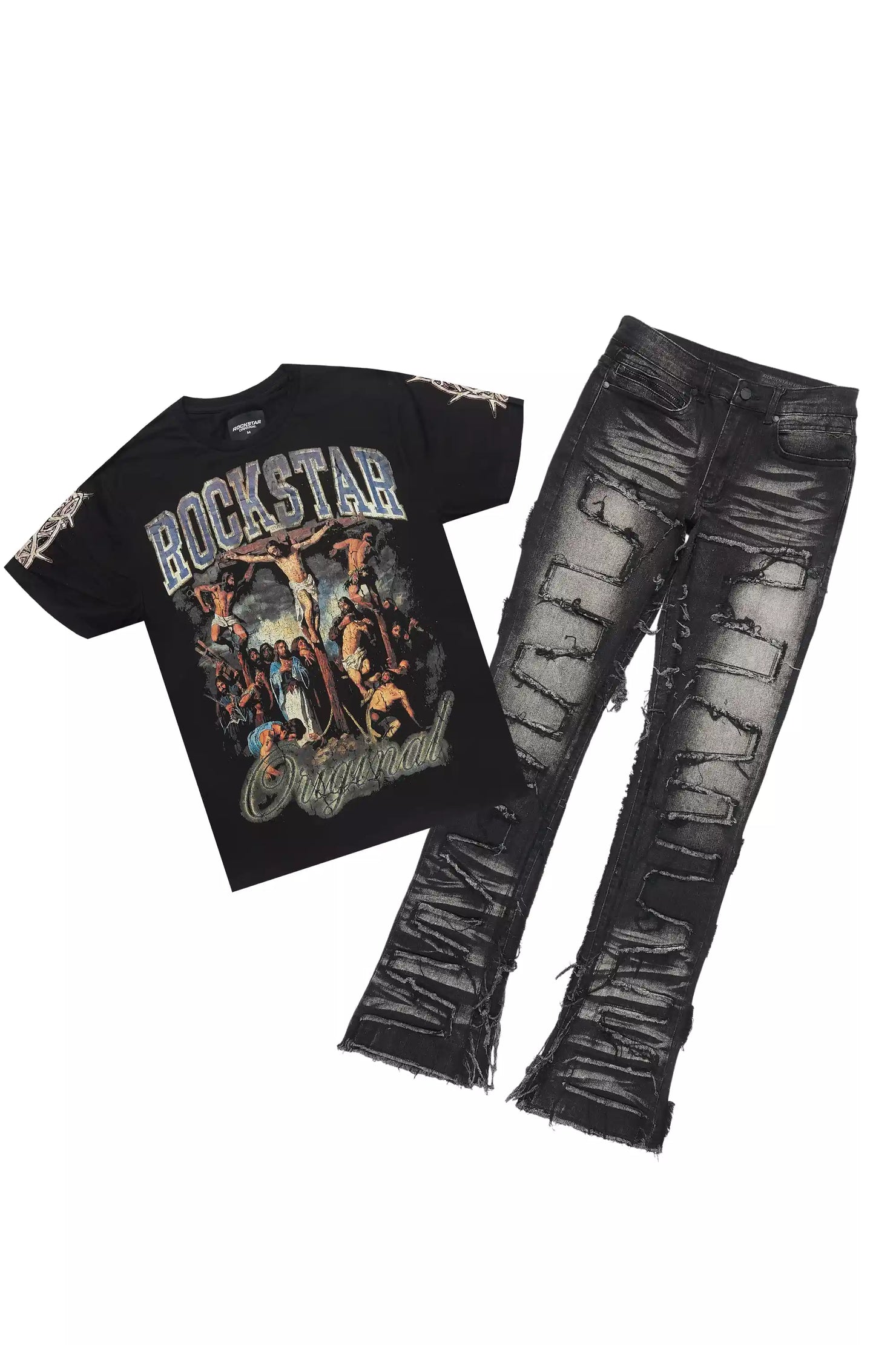 Waller Dark Grey Graphic T-Shirt/Stacked Flare Jean Bundle