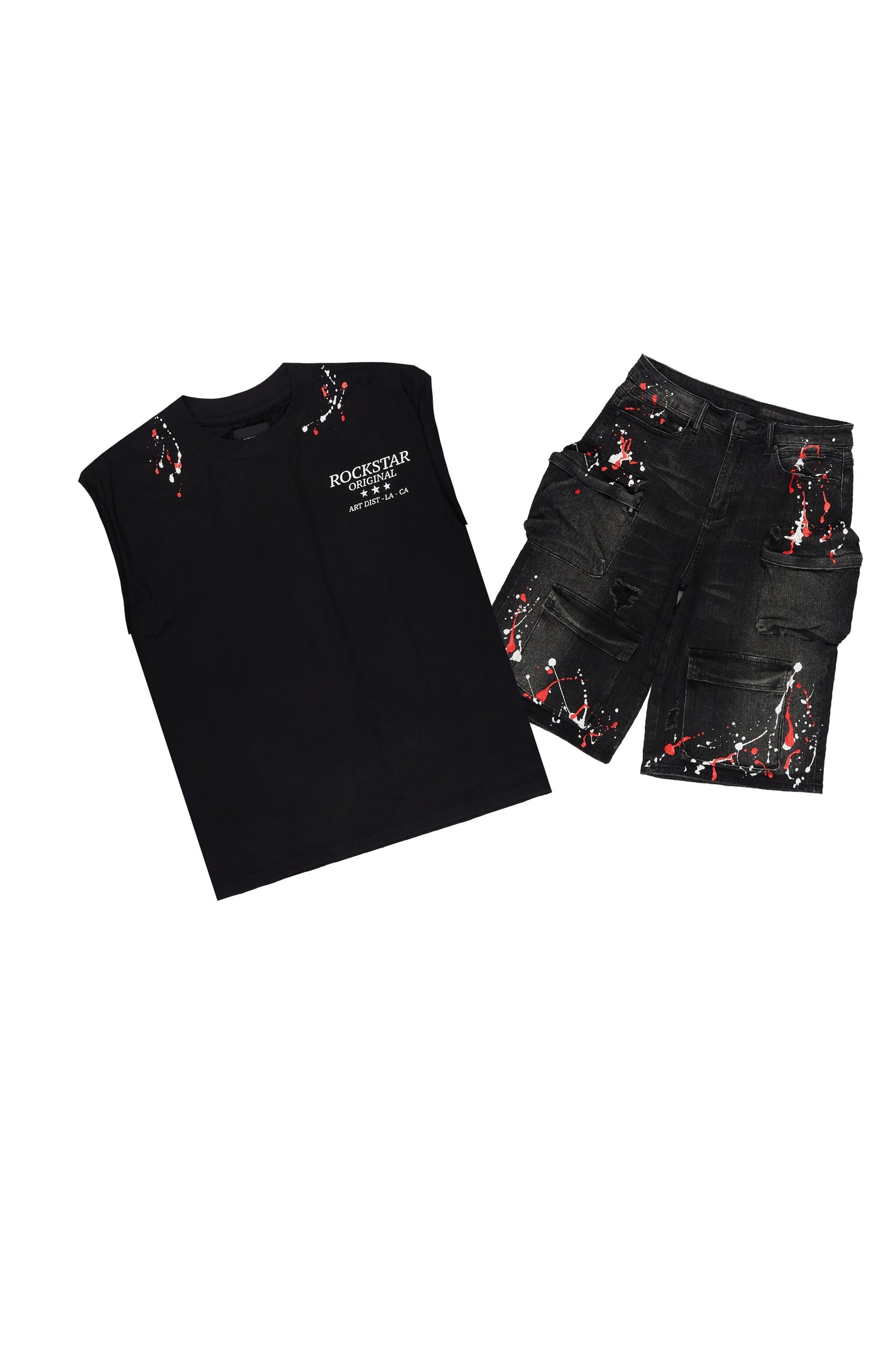 Saxon Black Graphic Cut Sleeve T-Shirt Denim Short Set
