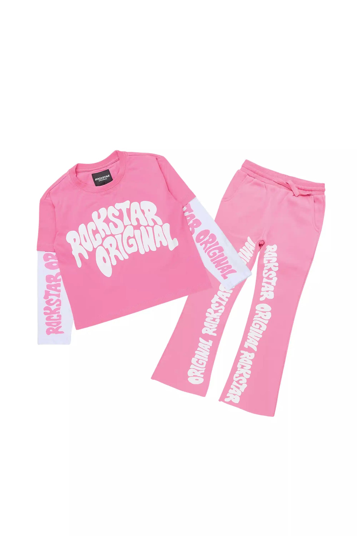 Girls Monique Pink Double Layer T-Shirt Stacked Flare Track Pant Set