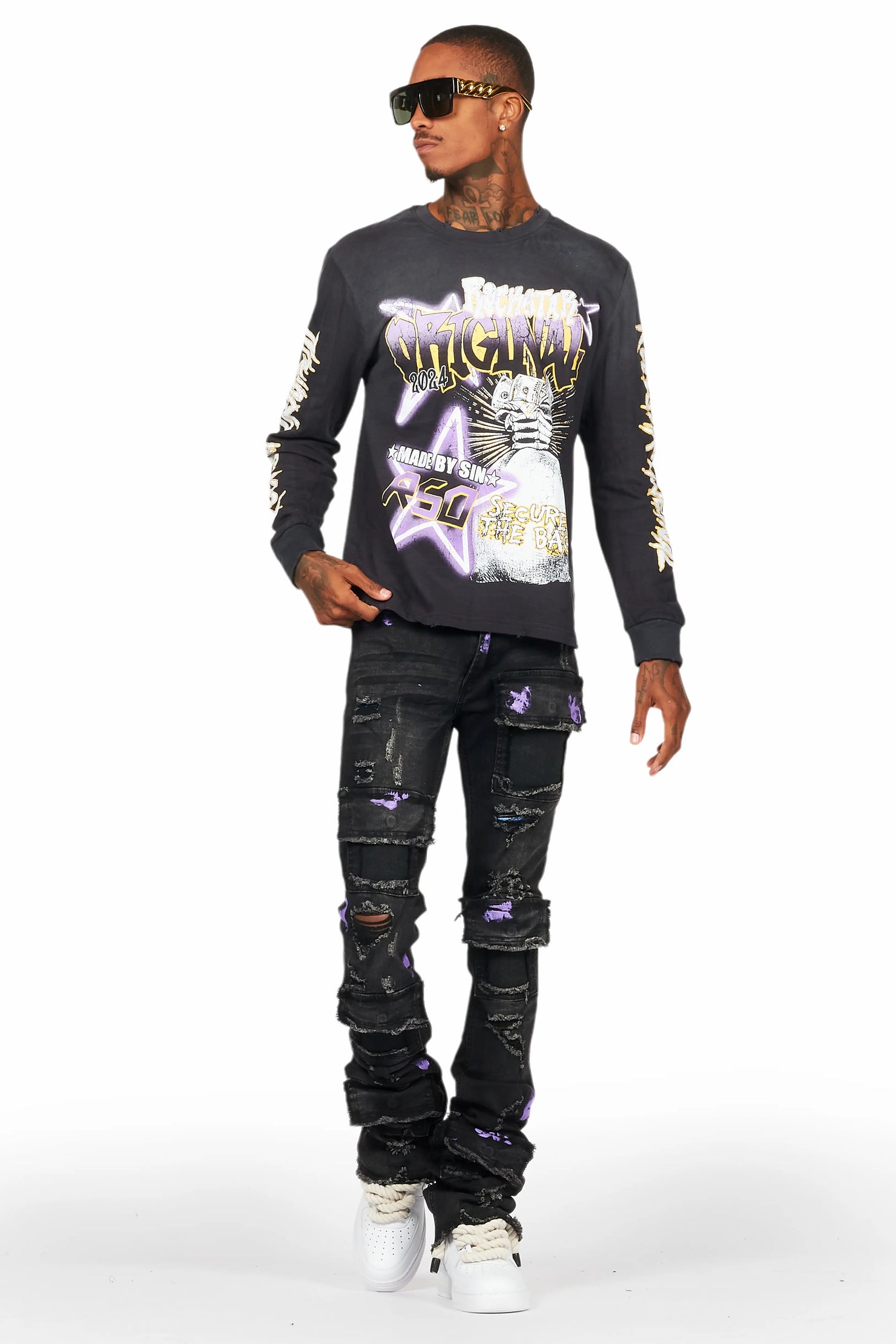 Amelie Black Long Sleeve T-Shirt/Stacked Flare Jean Bundle