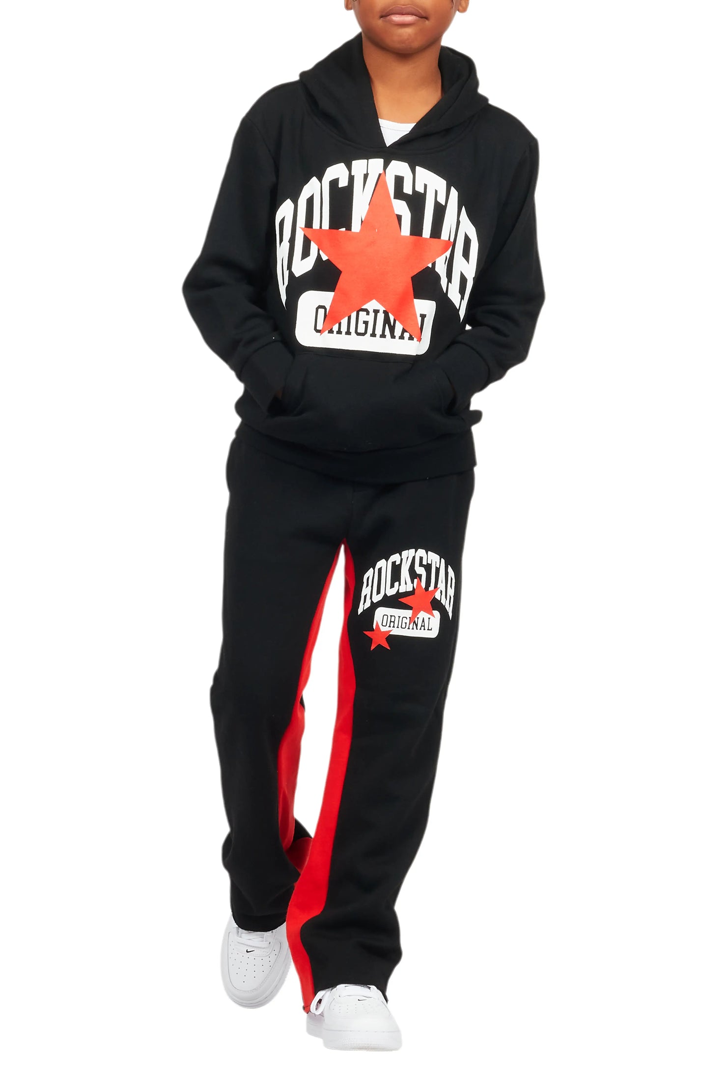 Boys Mallor Black/Red Baggy Stacked Hoodie Track Set