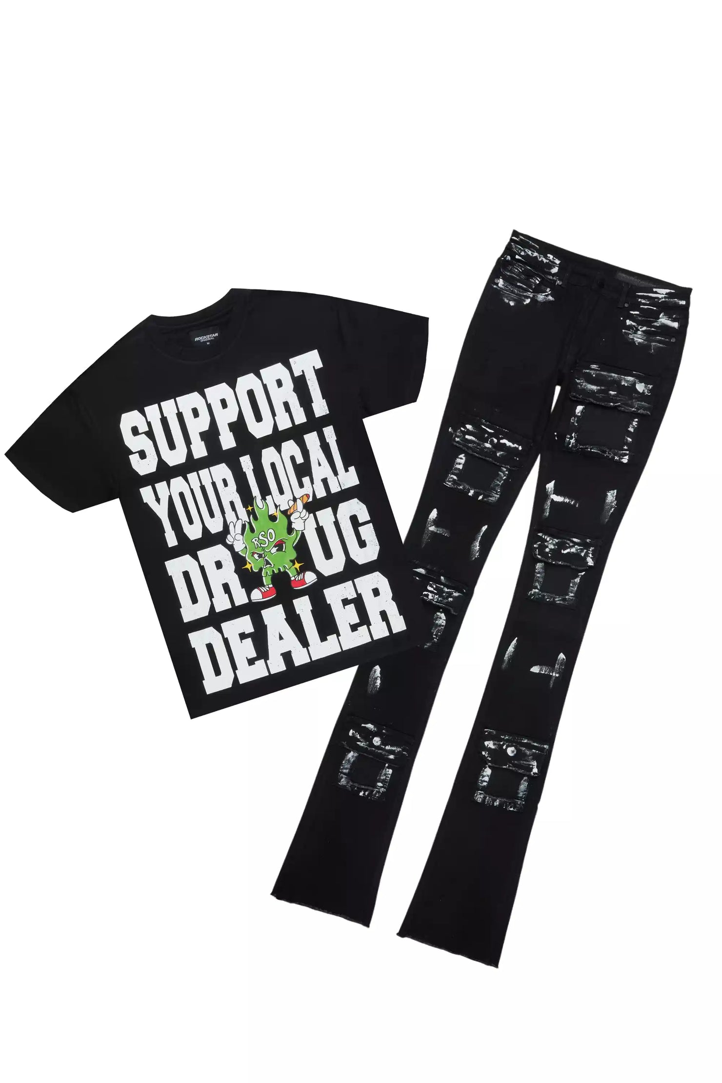 Tarl Black Oversized T-Shirt/Painted Super Stacked Flare Jean Bundle