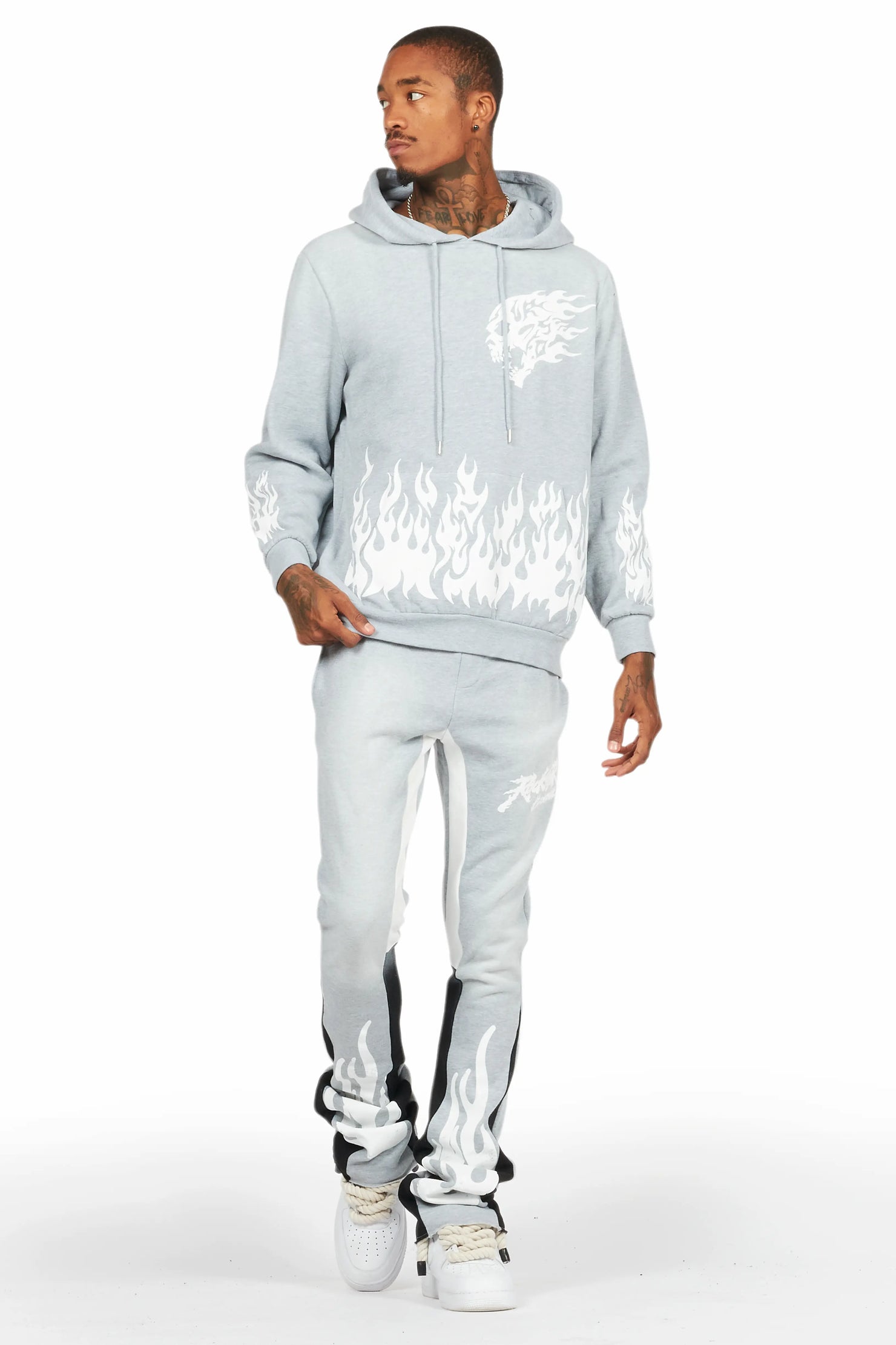 Bubble Heather Grey Stacked Flare Hoodie Track Set