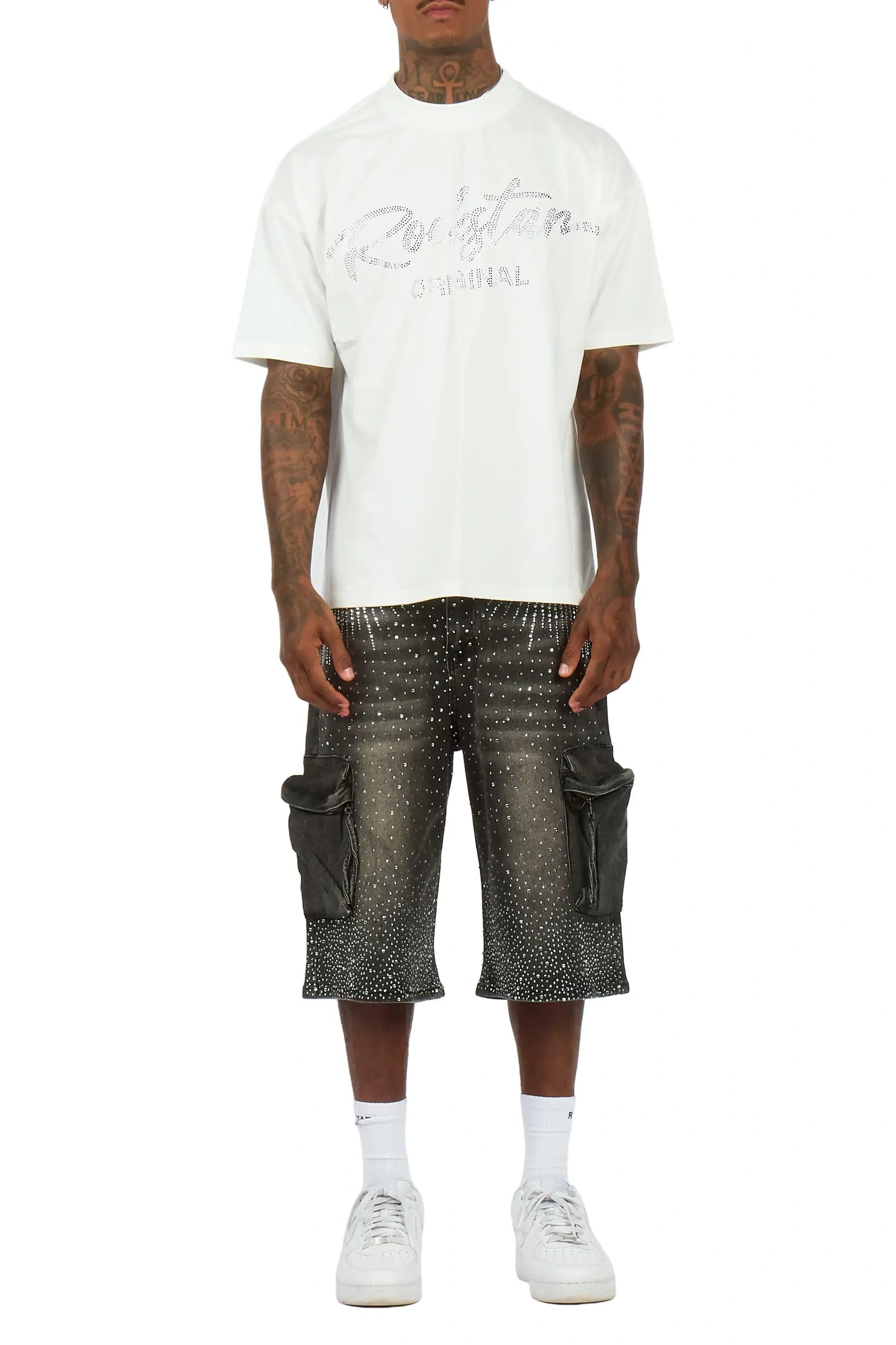 Keoni White Rhinestone T-Shirt Denim Jort Set