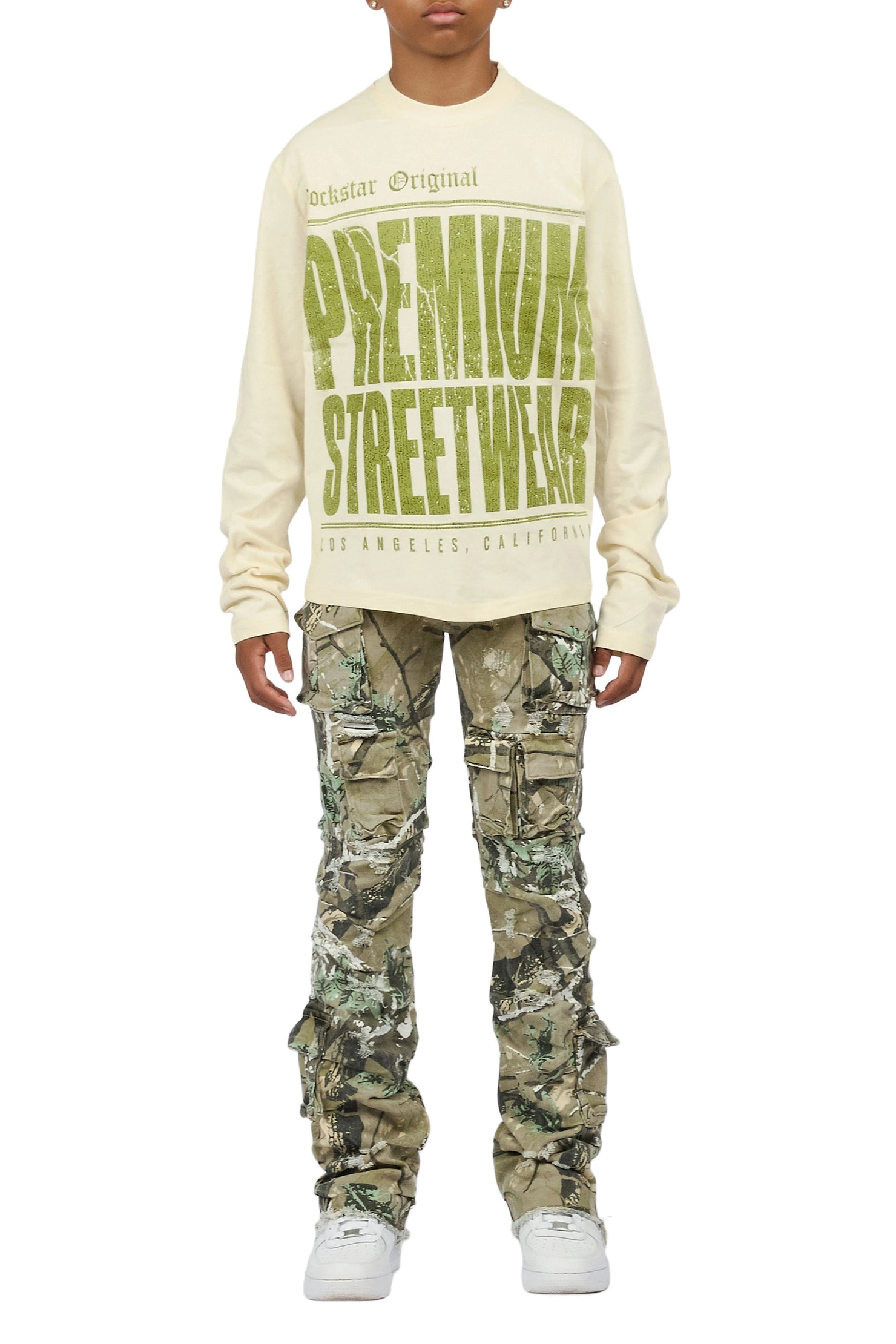 Boys Pluto Sand/Tree Camo Long Sleeve T-Shirt Stacked Jean Set