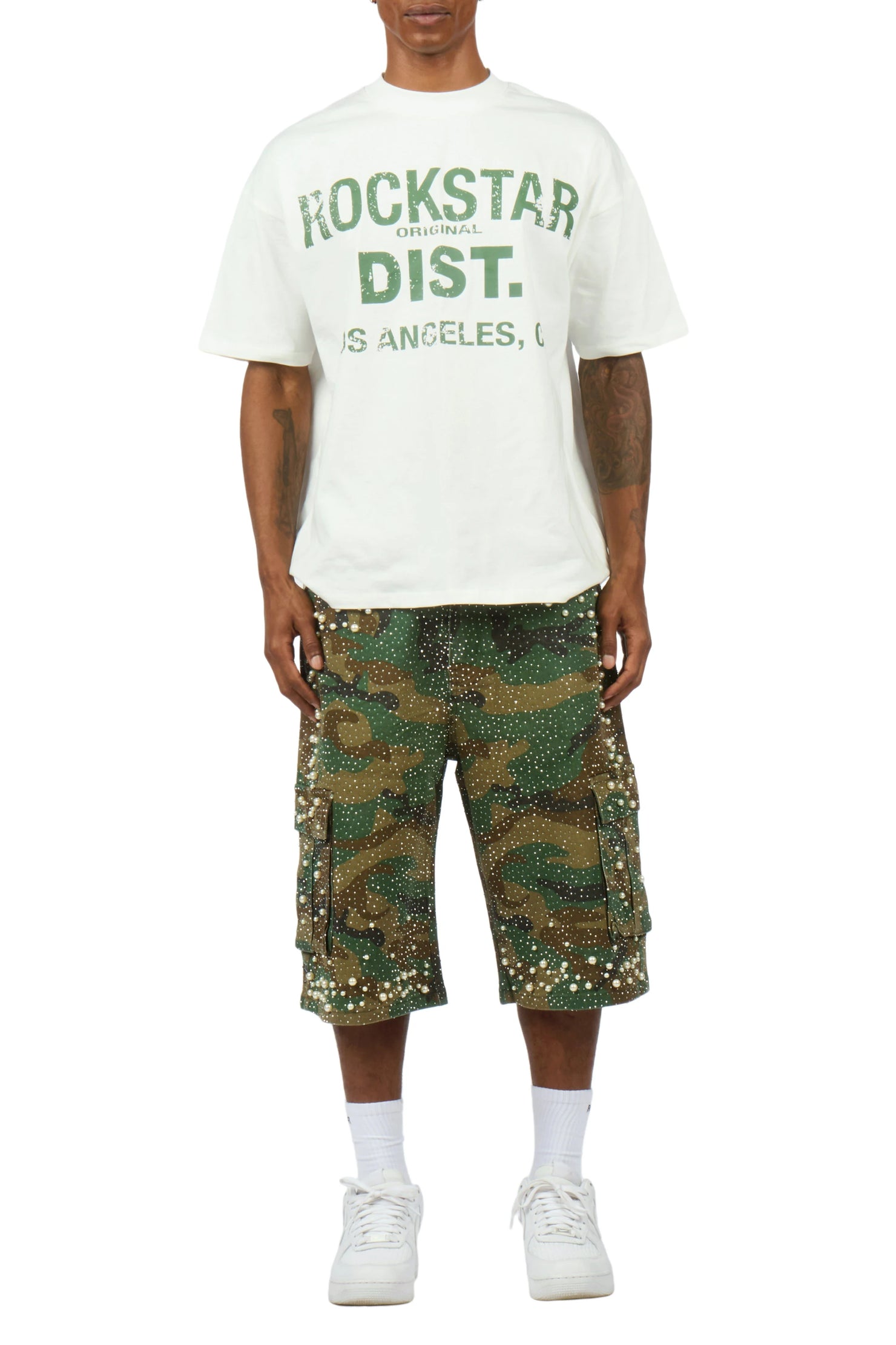 Sevyn White/Camo Rhinestone T-Shirt Denim Jort Set