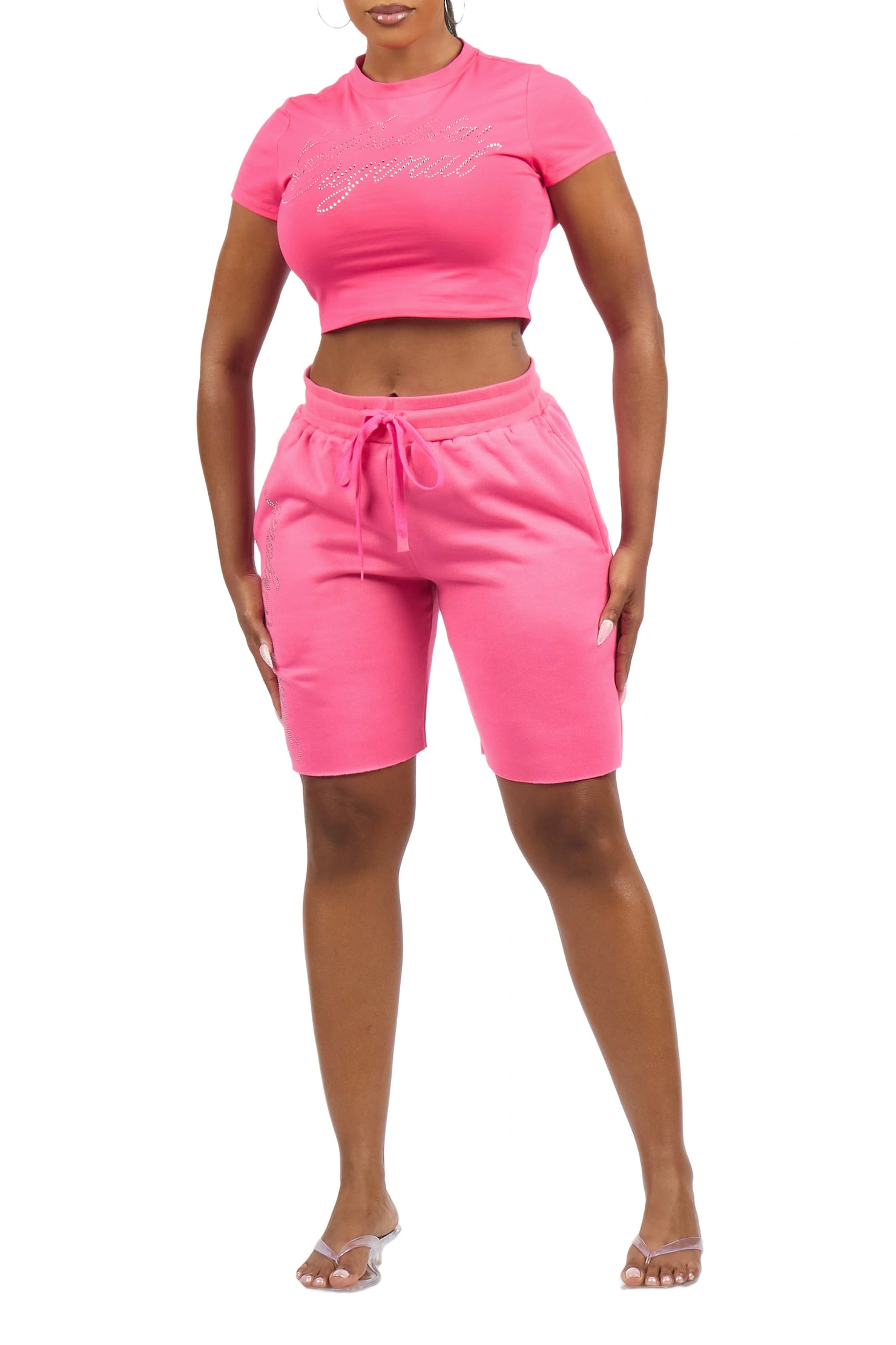Taiesha Hot Pink Rhinestone T-Shirt Short Set