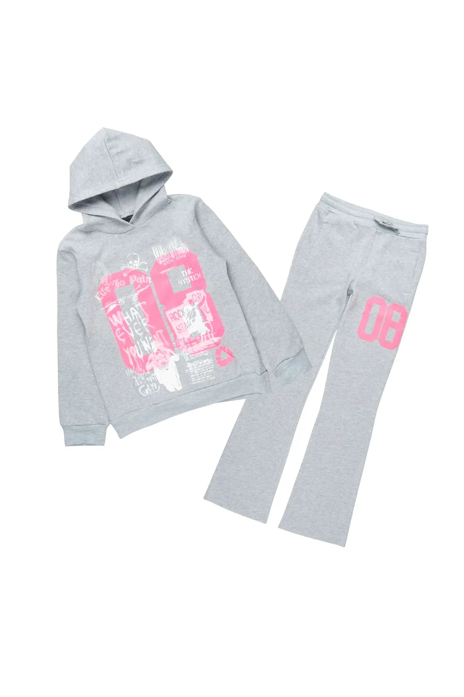 Girls Kammy 2.0 Heather Grey/Pink Hoodie/Stacked Flare Track Set