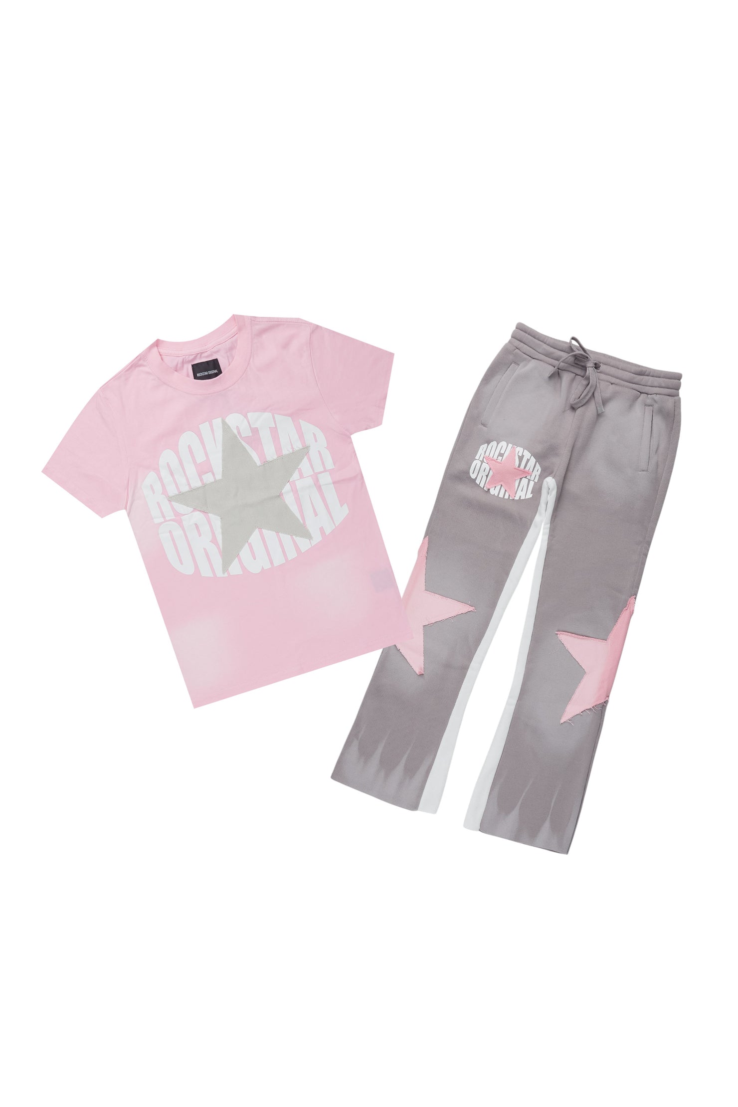 Girls Kallyah Pink/Heather Grey T-Shirt Stacked Set