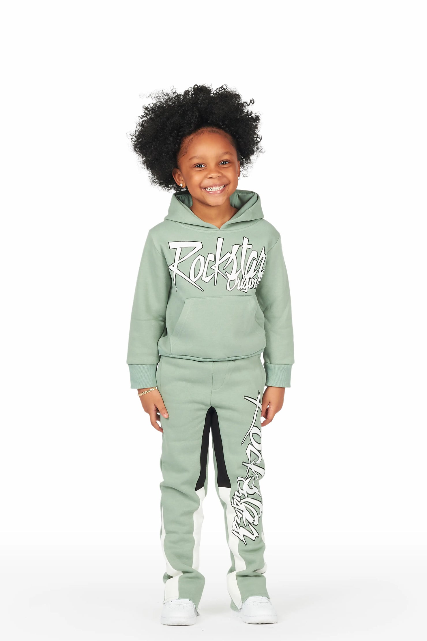 Girls Kalie Sage/White Hoodie Stacked Flare Track Set