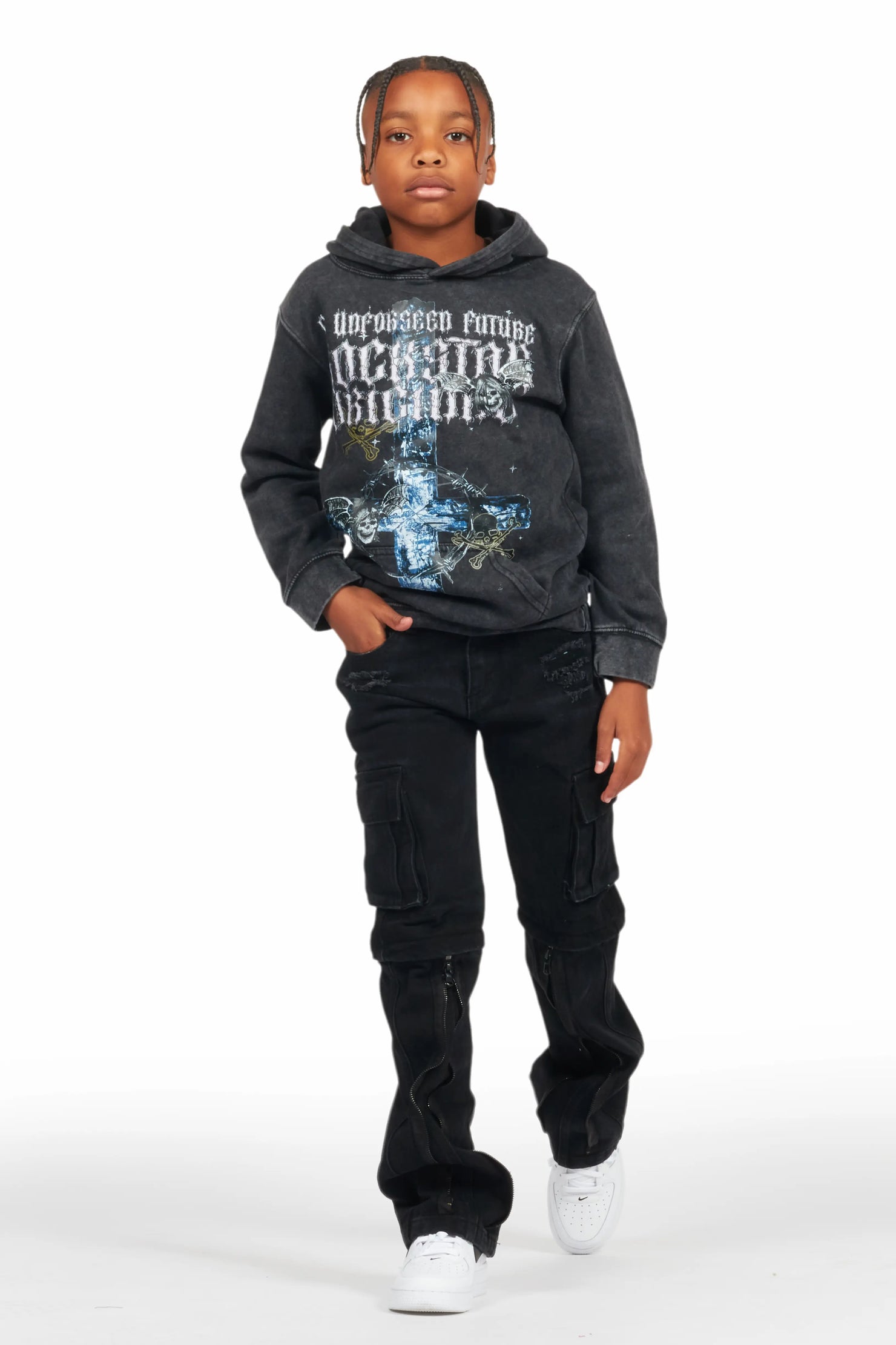 Boys Hagan Vintage Black Hoodie/Stacked Flare Jean Set