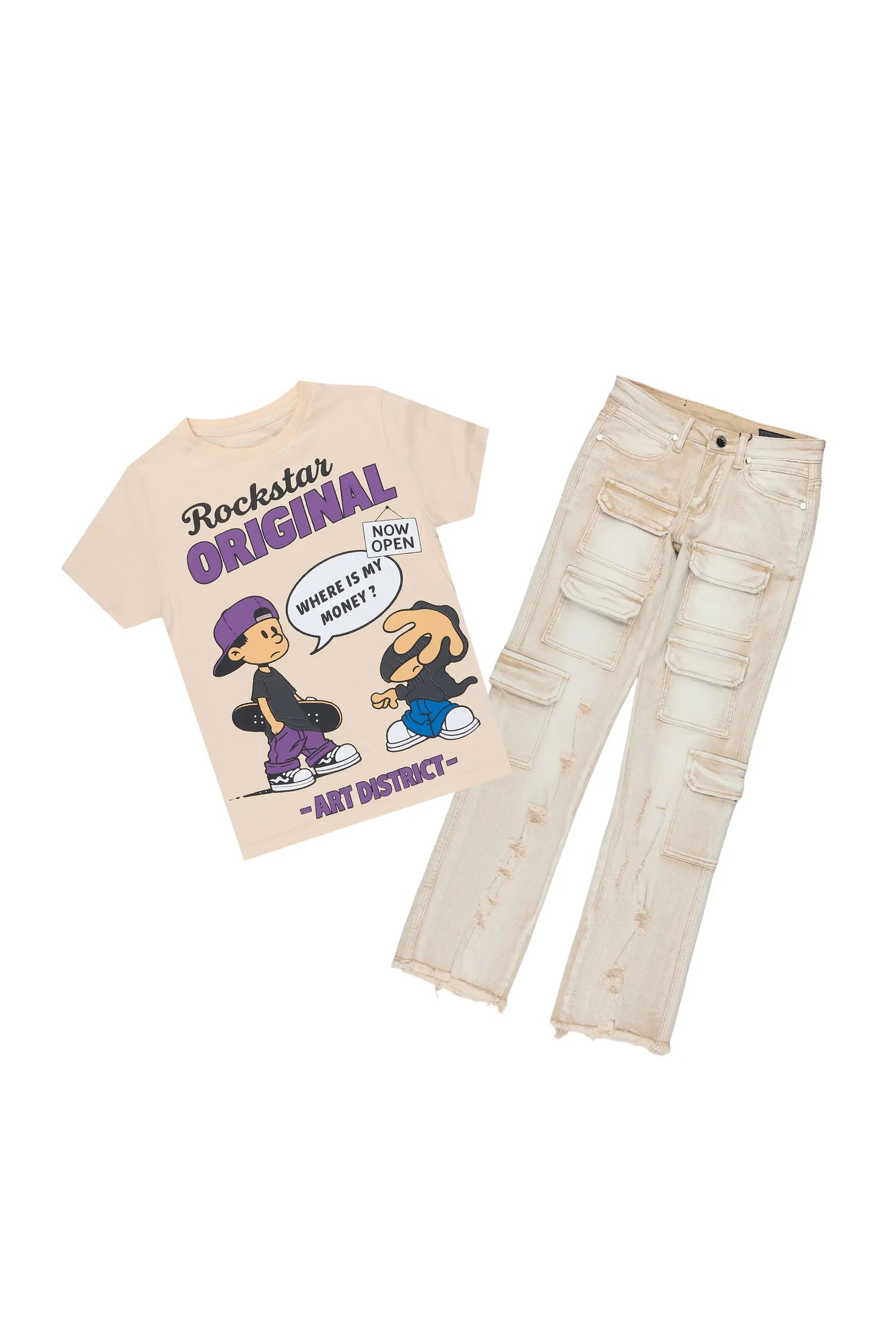 Boys Slade Sand T-Shirt Stacked Jean Set