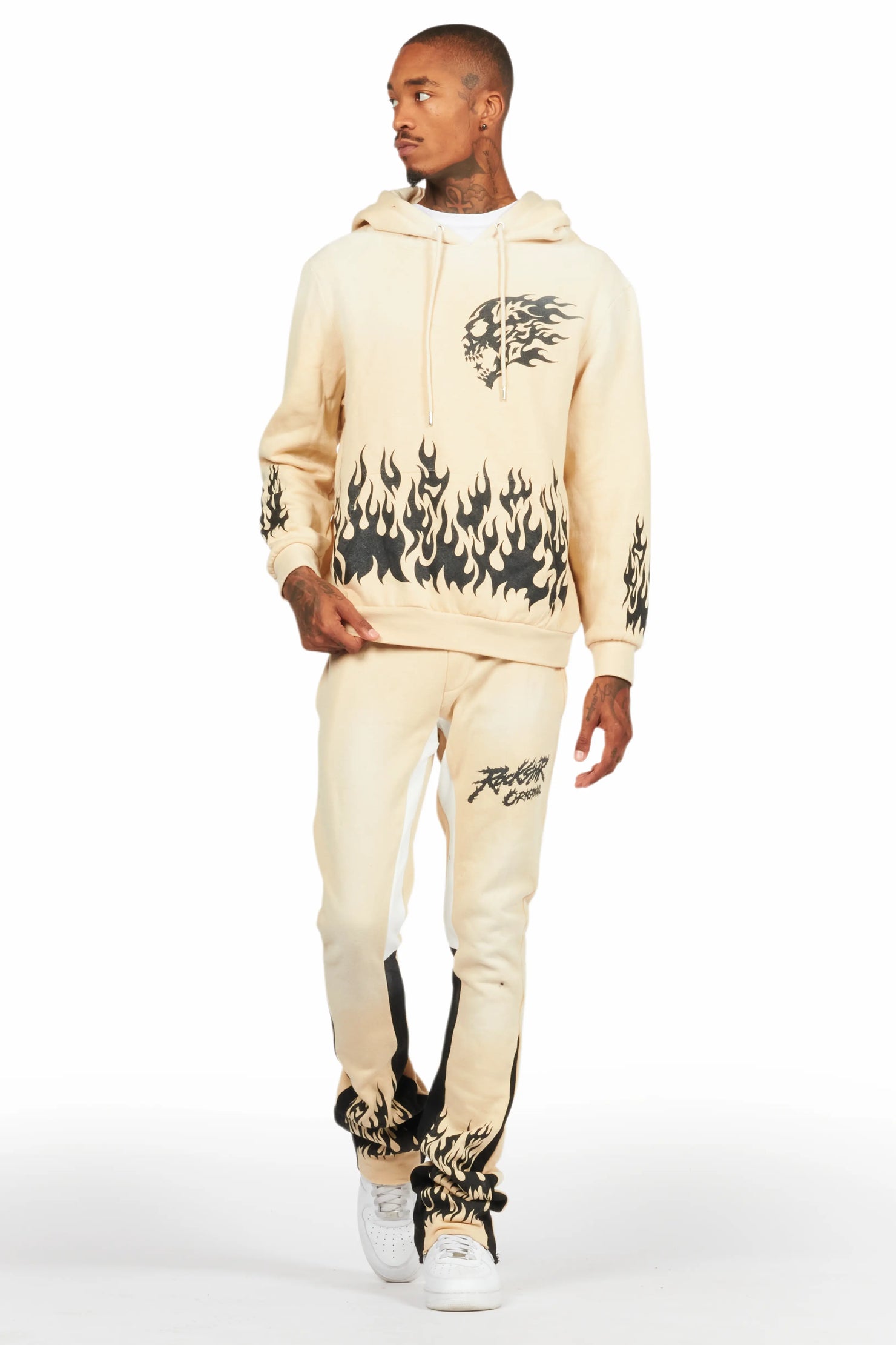 Bubble Beige Stacked Flare Hoodie Track Set