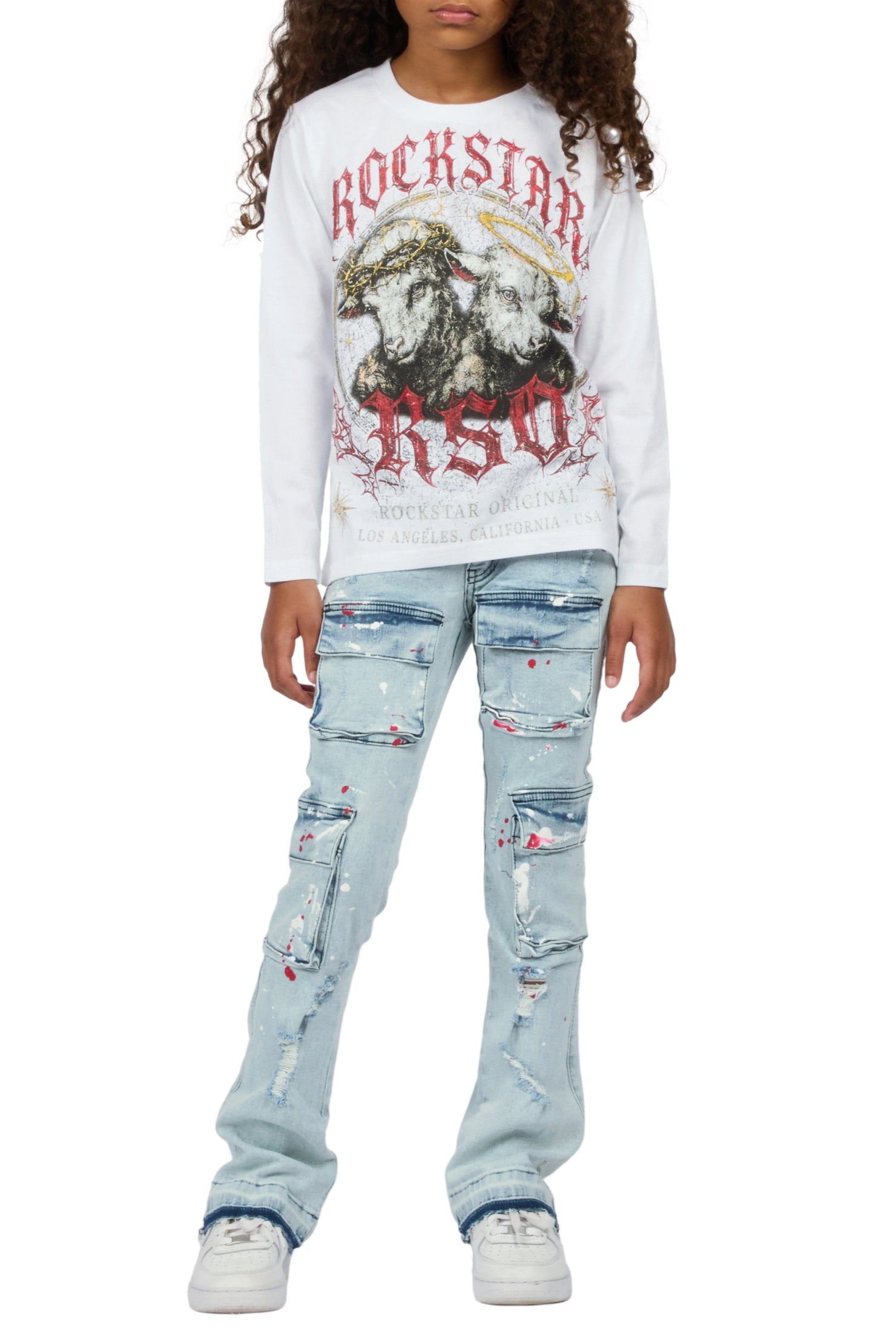 Girls Dezz White/Light Wash Long Sleeve T-Shirt Stacked Painter Jean Set