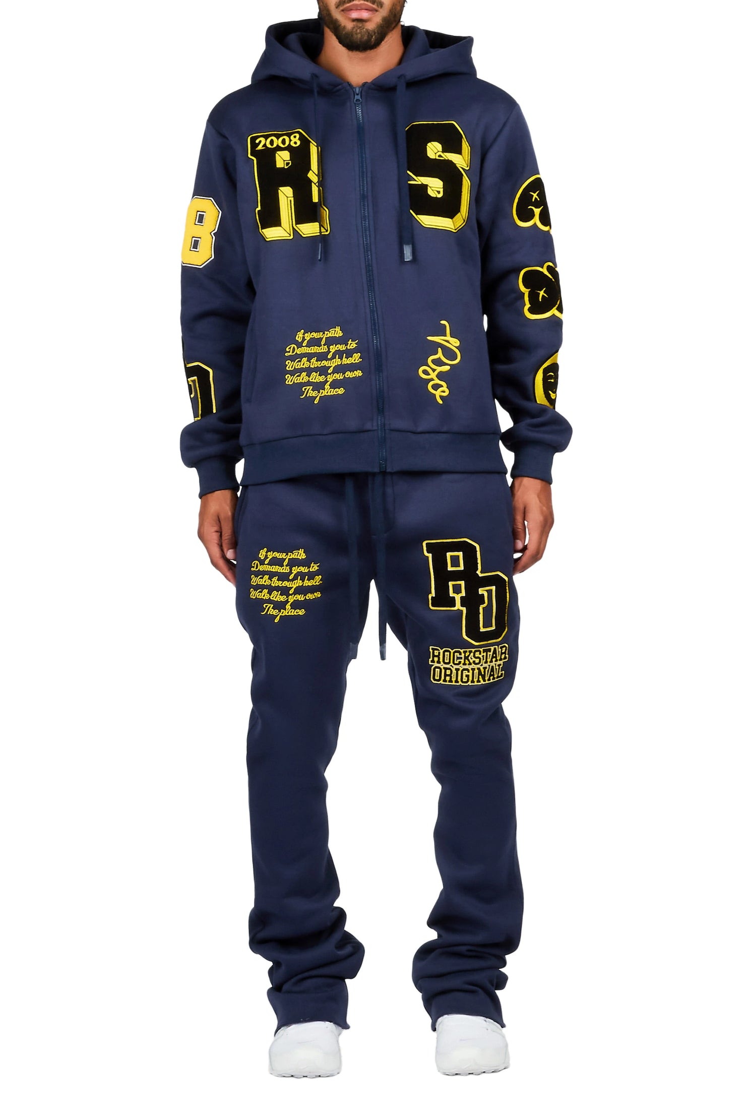Leslaw Navy Zip Up Hoodie Stacked Track Set