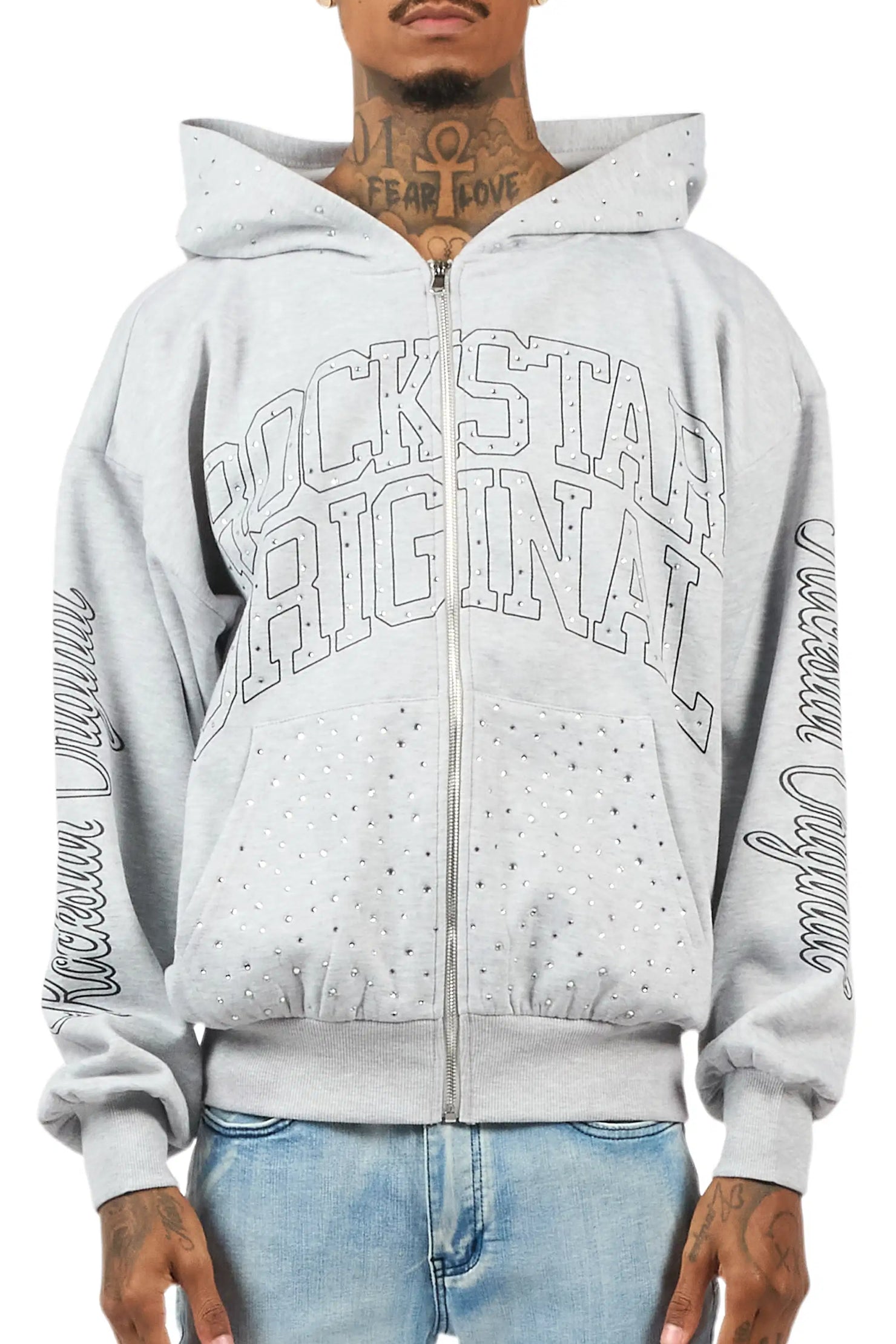Dripped Heather Grey Rhinestone Hoodie