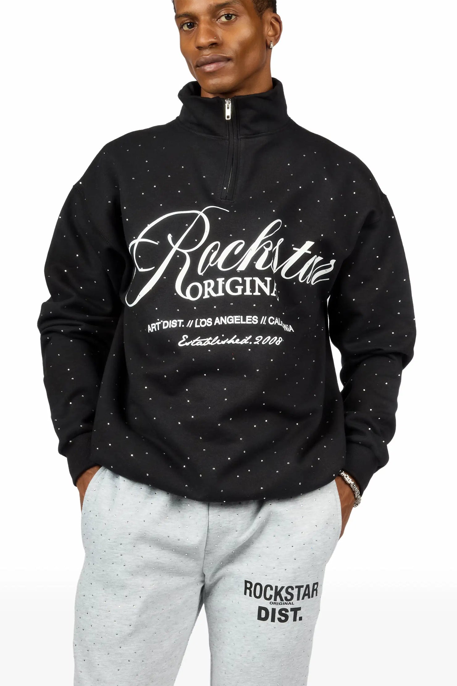 Cero Black Rhinestone Quarter-Zip Sweatshirt