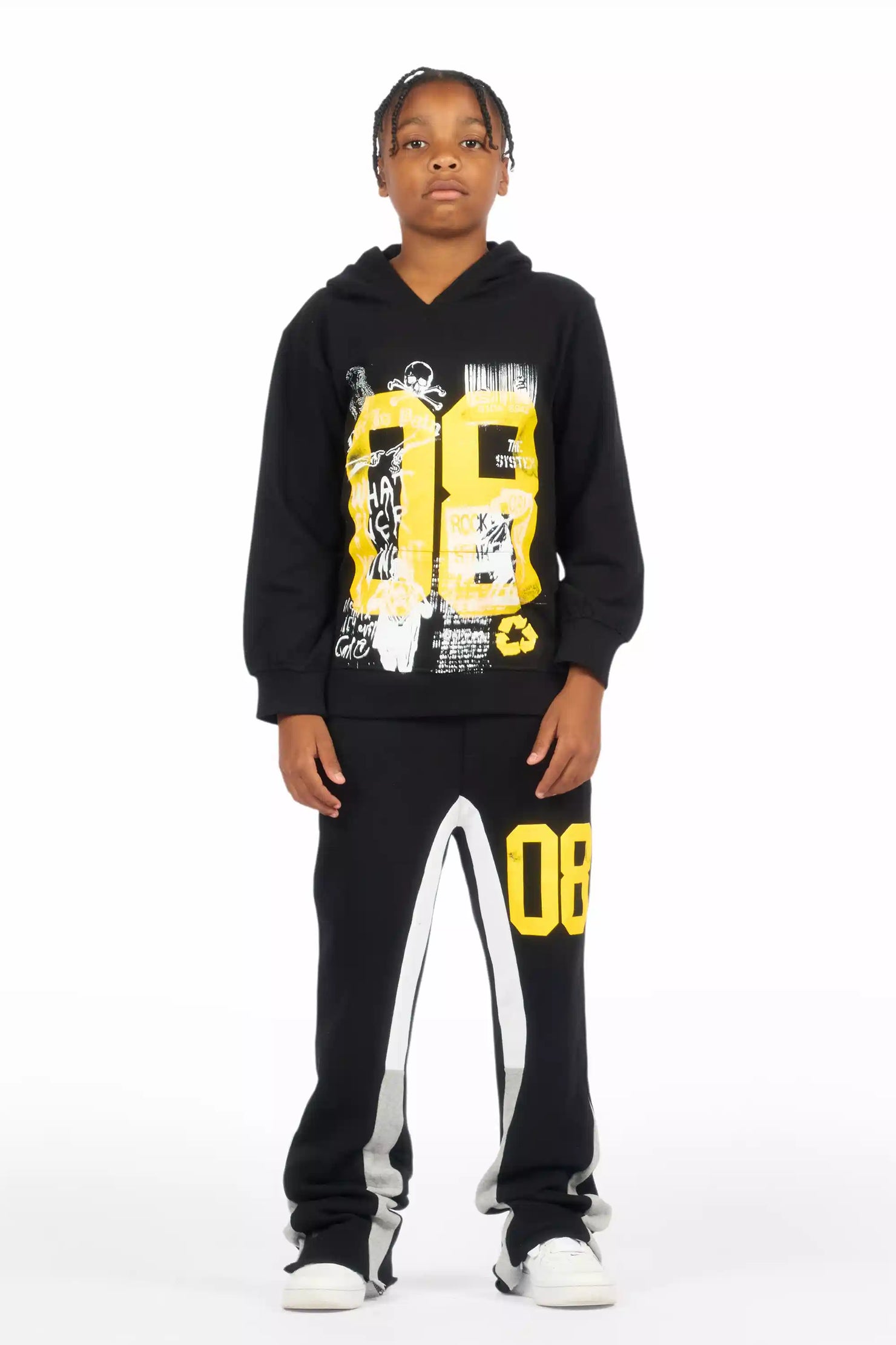 Boys Beau Black/Yellow Hoodie Stacked Flare Track Set
