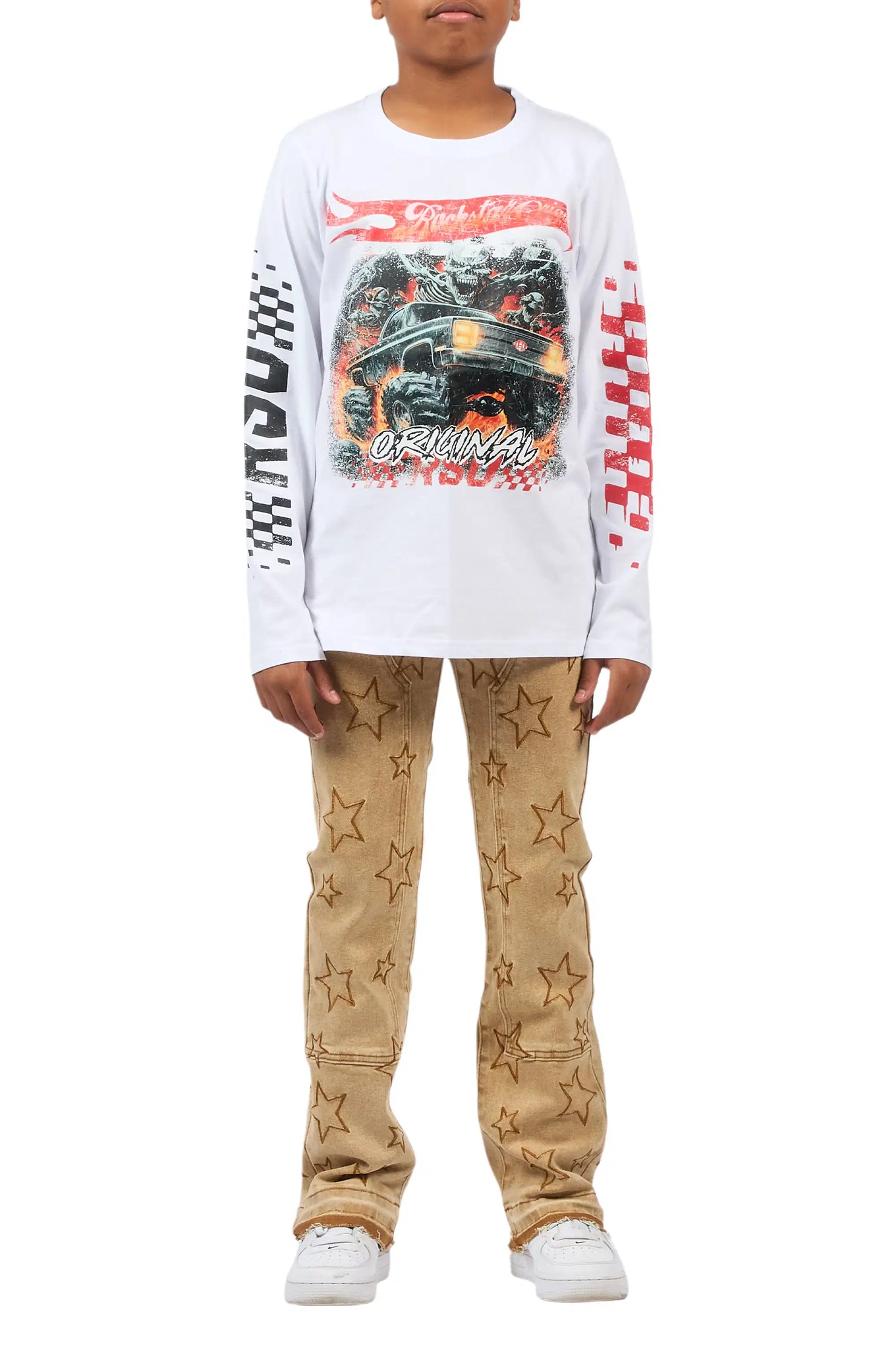 Boys Starship Beige Stacked Flare Jean