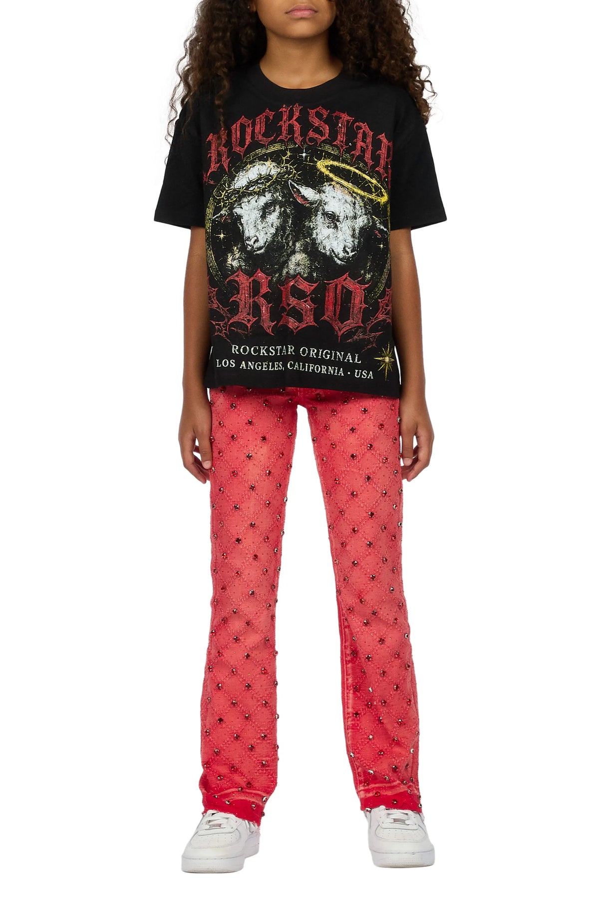Girls Dezz Black/Red T-Shirt Rhinestone Jean Set