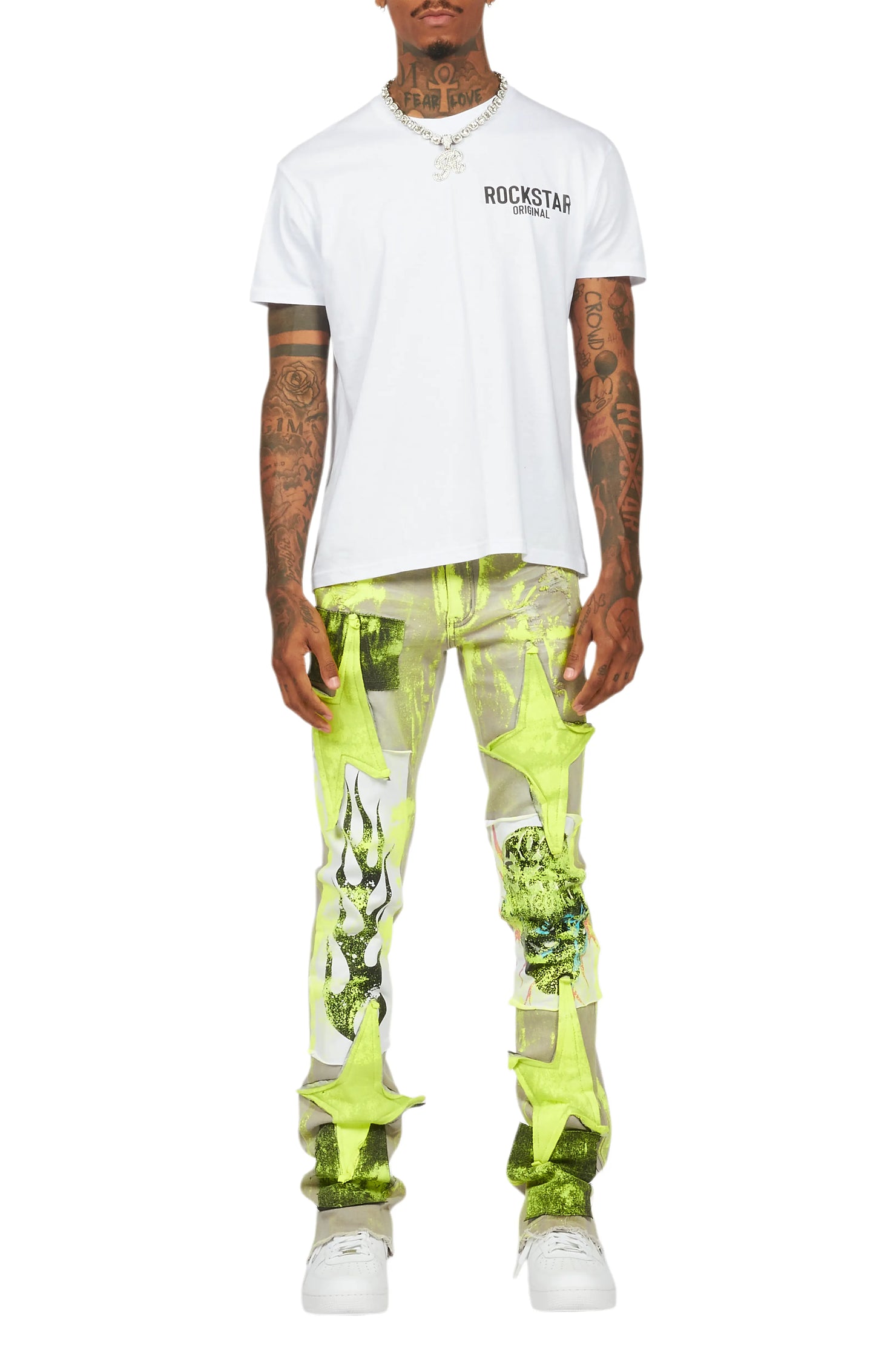 Edge Grey/Yellow Roller Paint Stacked Flare Jean