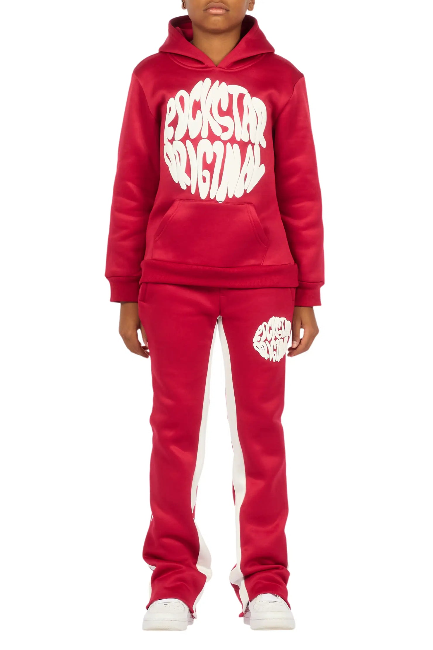 Boys Thierry Burgundy/White Stacked Flare Track Pant Set