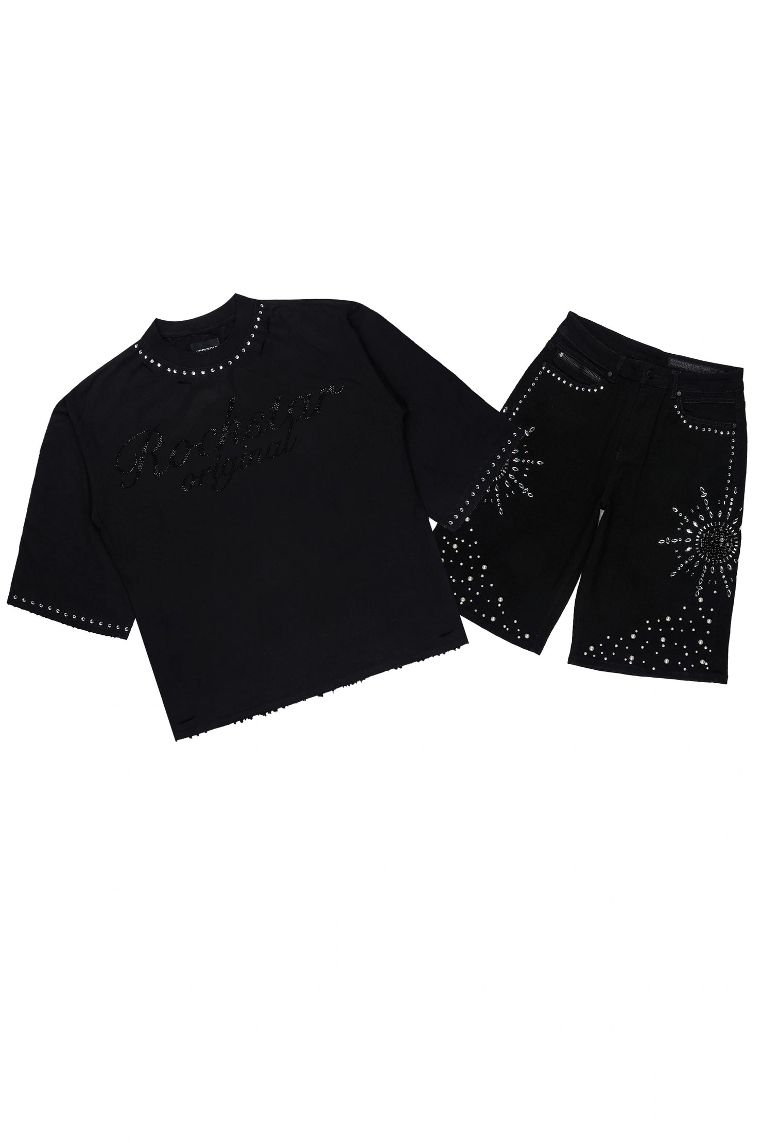 Tryst Black Rhinestone T-Shirt Denim Jort Set