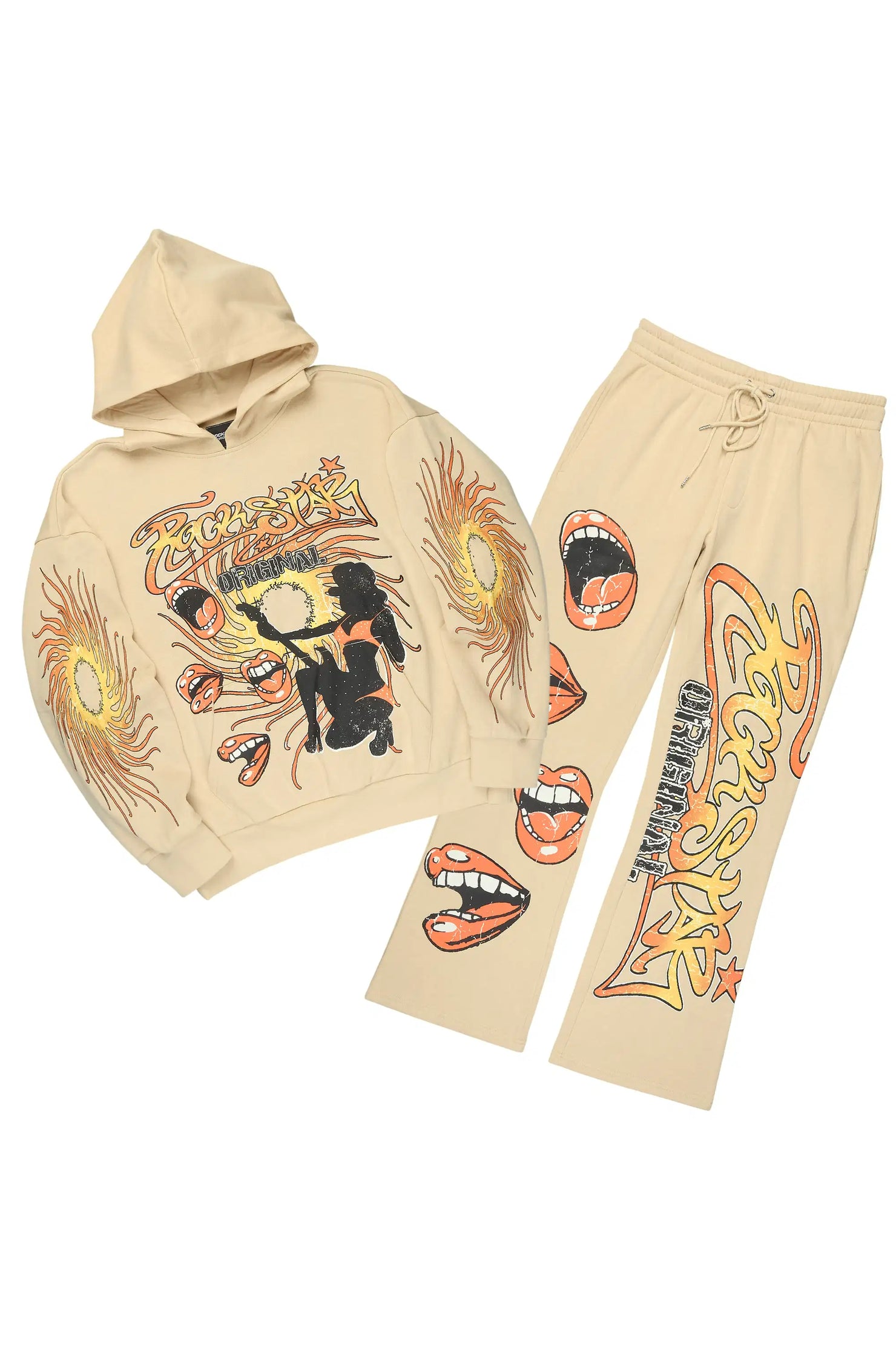 Rock n Roll  Beige Hoodie/Baggy Pant Track Set
