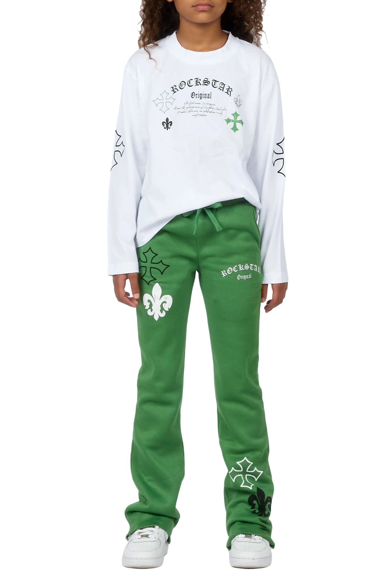 Girls Deshunique White/Olive Long Sleeve T-Shirt Track Set