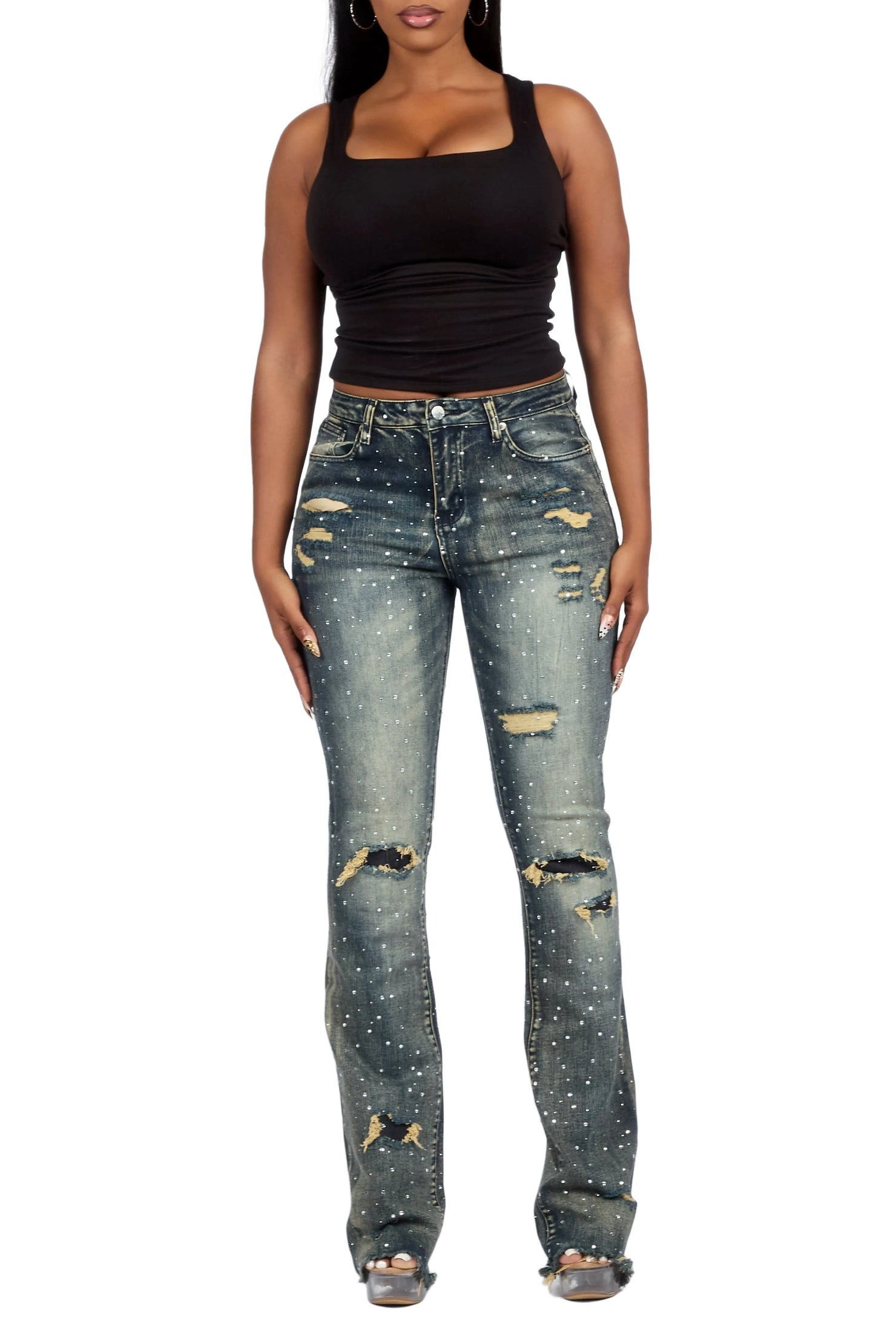 Kelle Tint Wash Rhinestone Stacked Jean
