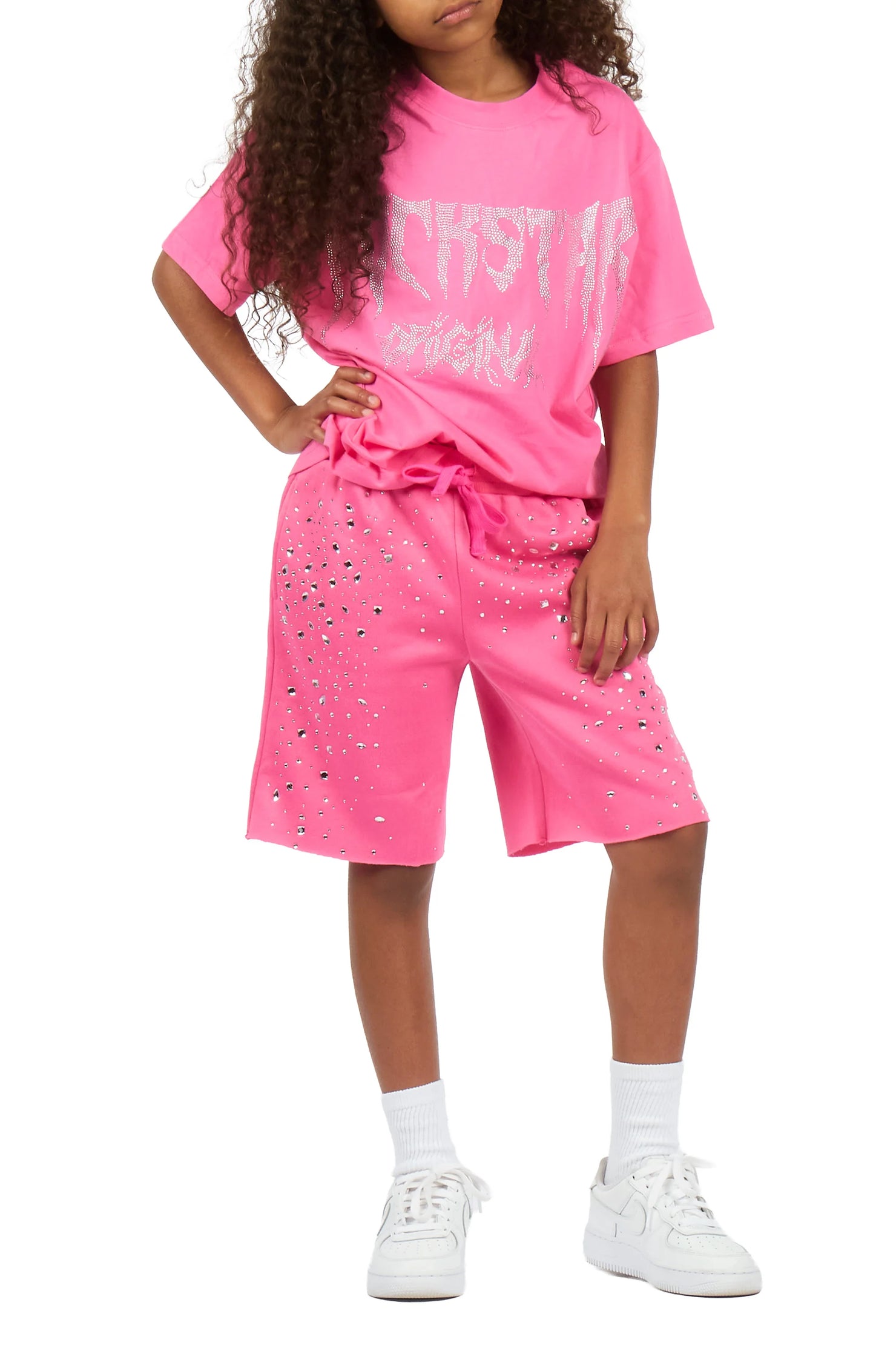 Girls Porsha Pink Rhinestone Short Set