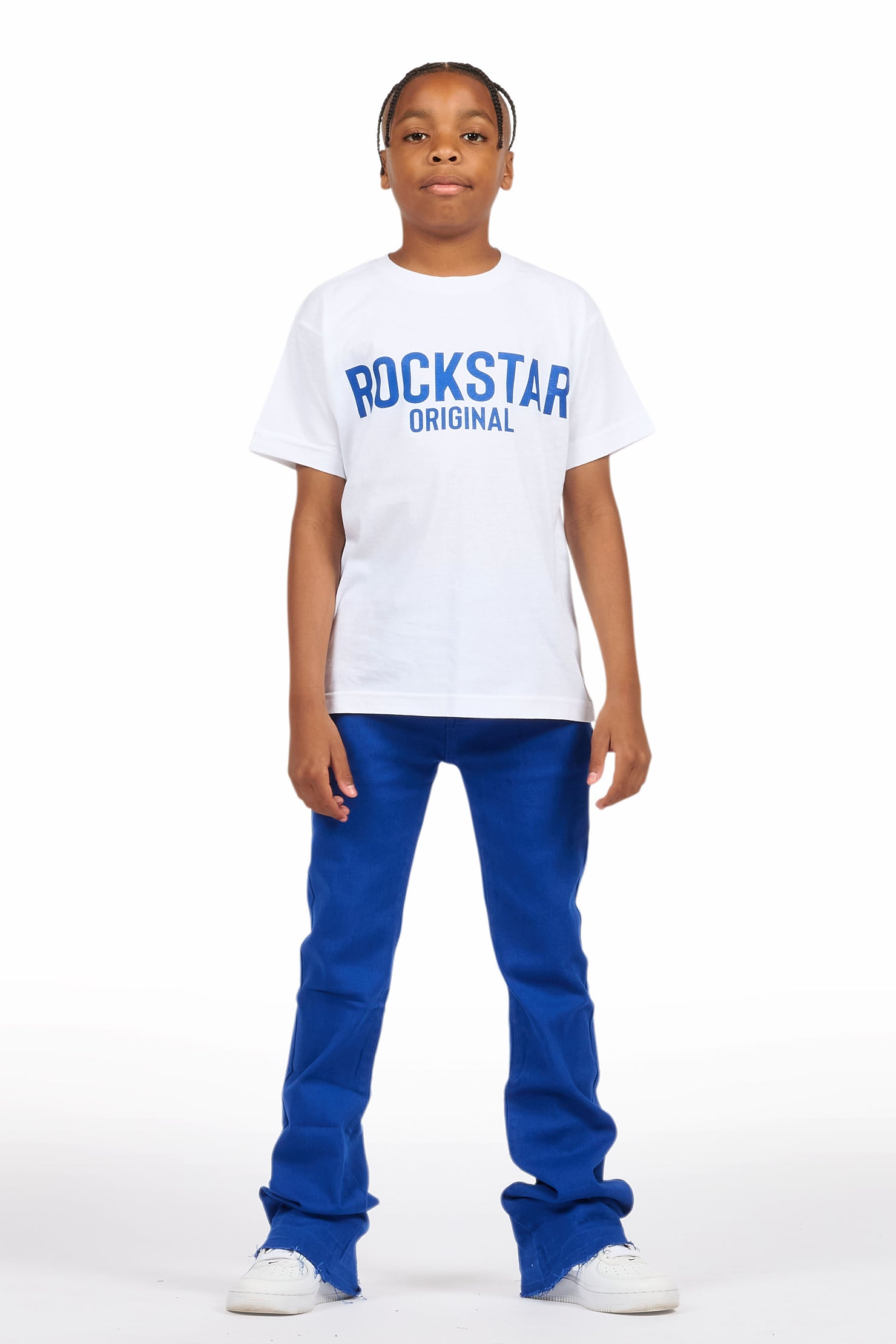 Boys Sana White/Royal T-Shirt/Dag Stacked Flare Jean Set