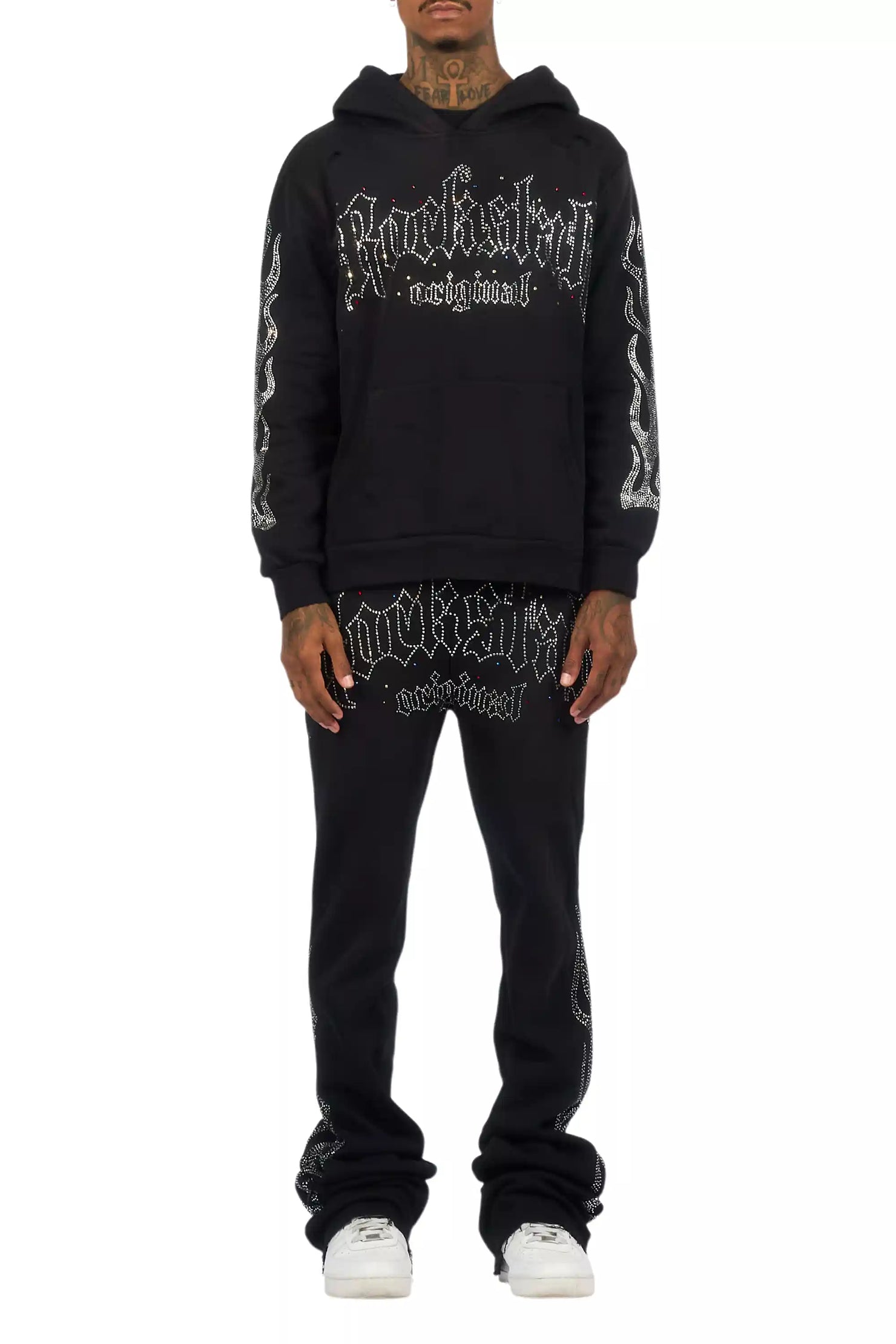 Mares Black Rhinestone Hoodie Relaxed Track Set