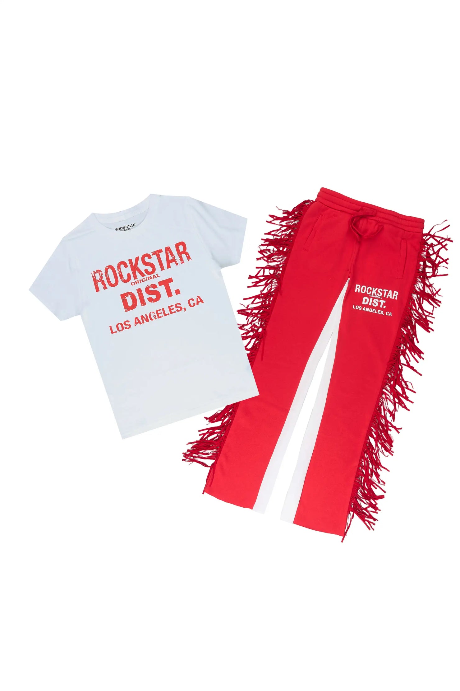 Girls Jannyk White/Red T-Shirt/Fringe Stacked Pant Set