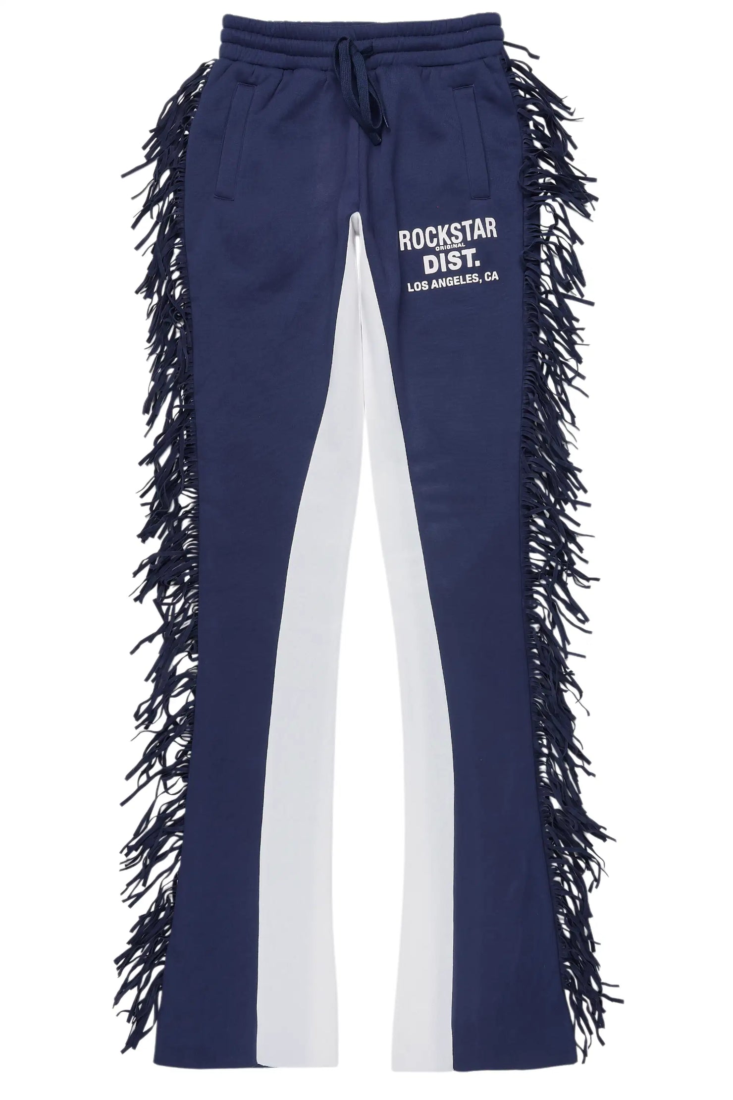 Kendra Navy Fringe Stacked Flare Track Pant