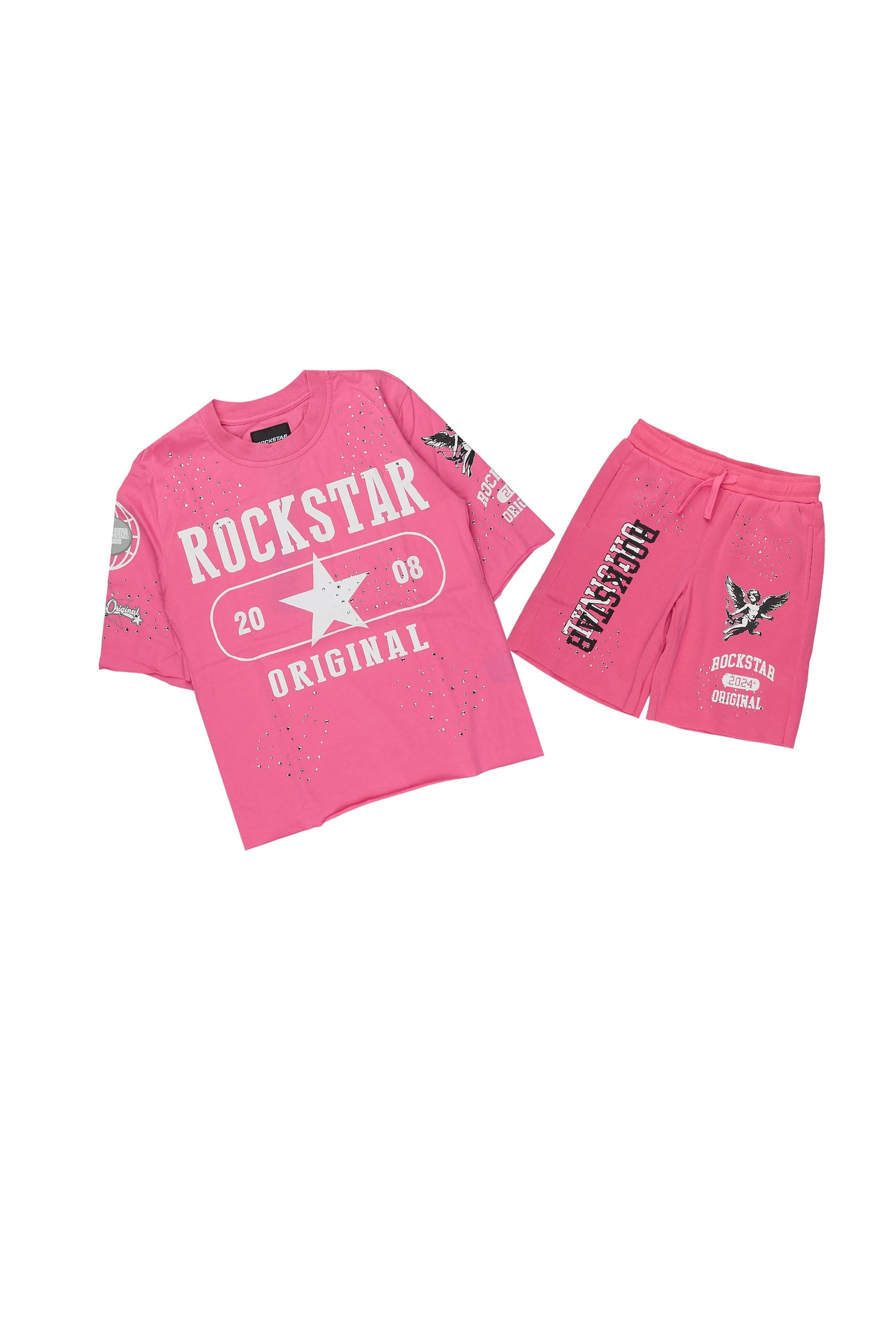 Girls Kyesha Hot Pink Rhinestone Boxy T-Shirt Short Set