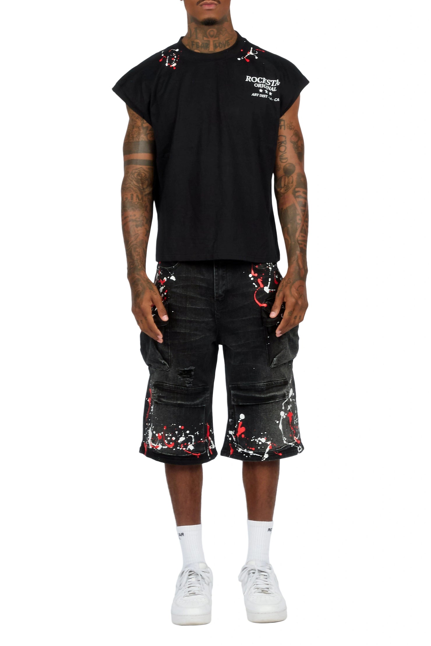 Saxon Black Graphic Cut Sleeve T-Shirt Denim Short Set