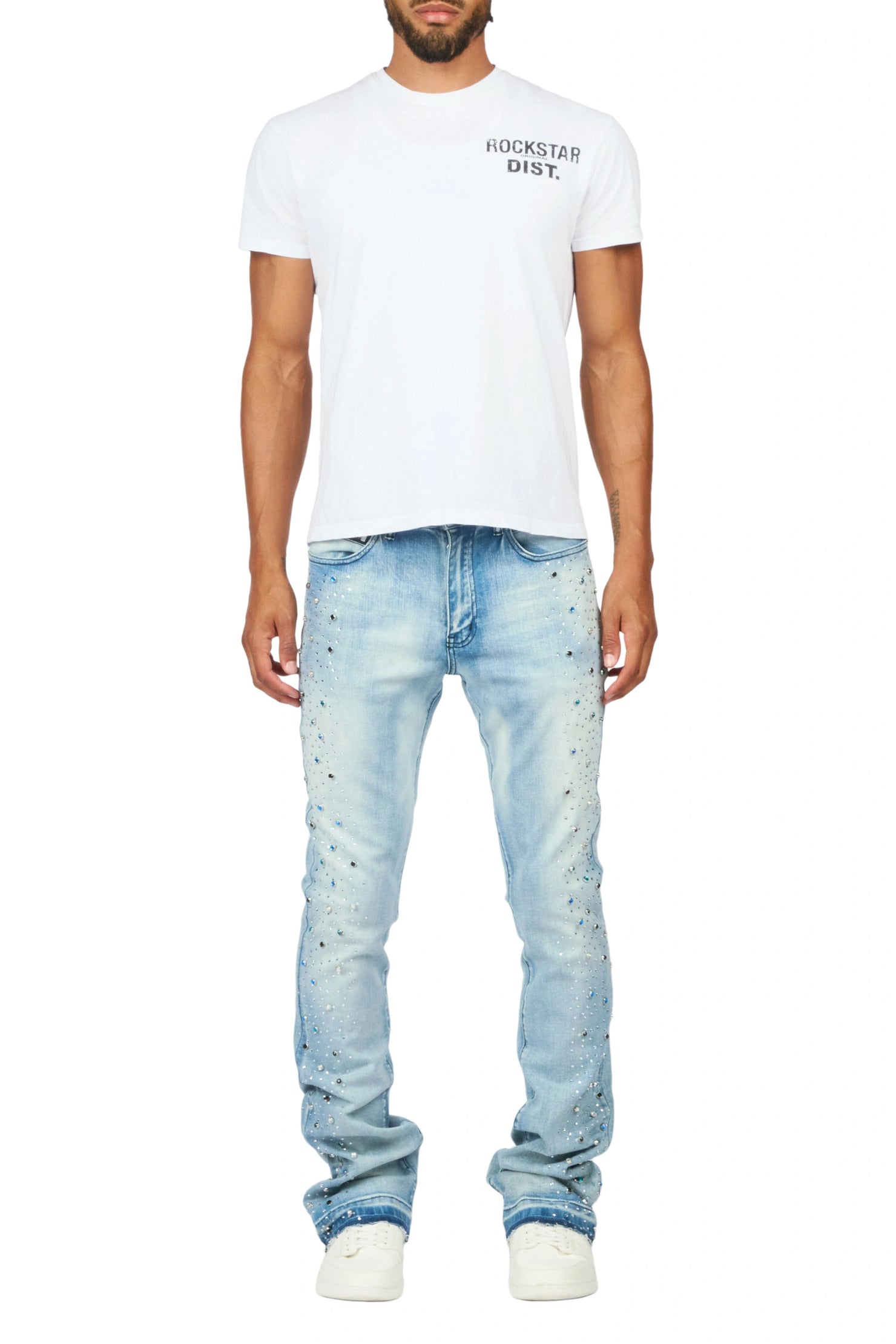 Monty Light Blue Rhinestone Studded Stacked Flare Jean