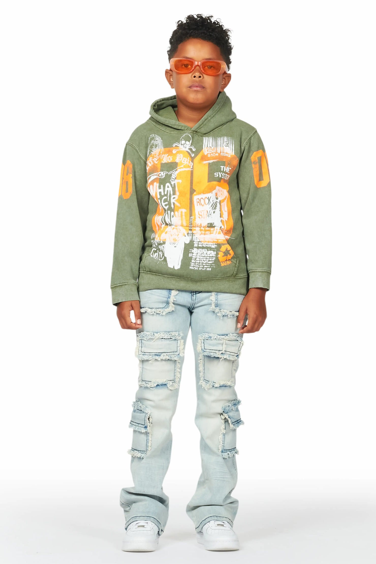 Boys Beau Vintage Green Hoodie/Stacked Flare Jean Set