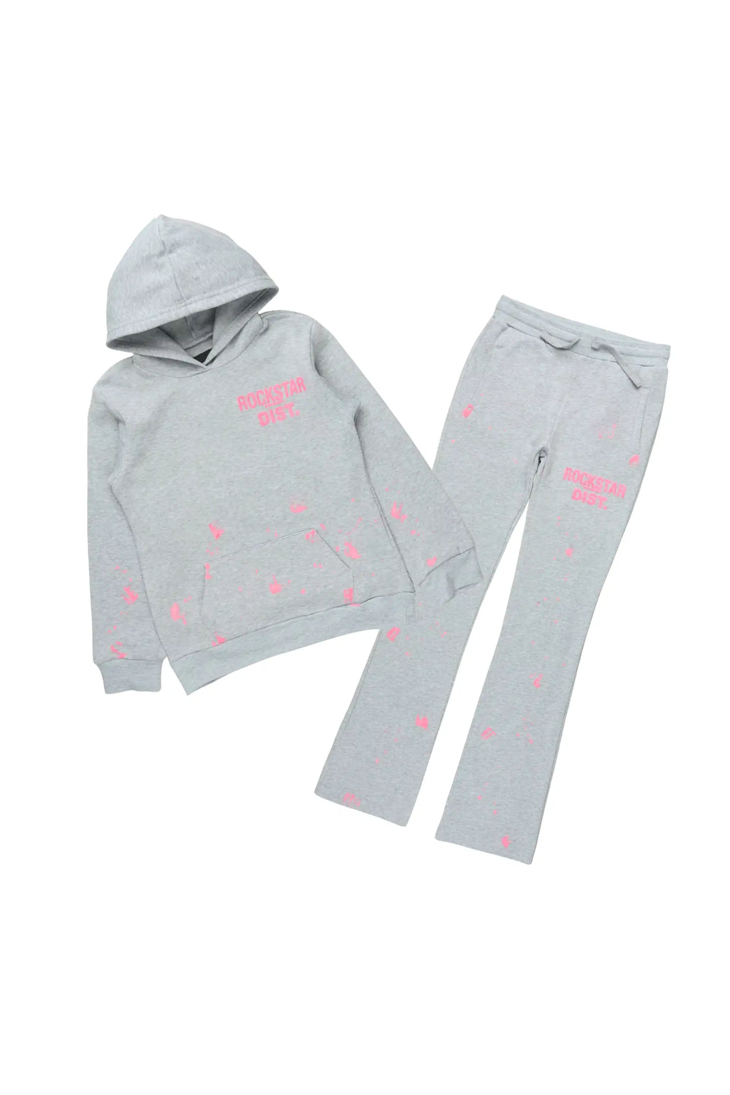 Girls Hadley Heather Grey/Pink Hoodie Stacked Flare Track Set