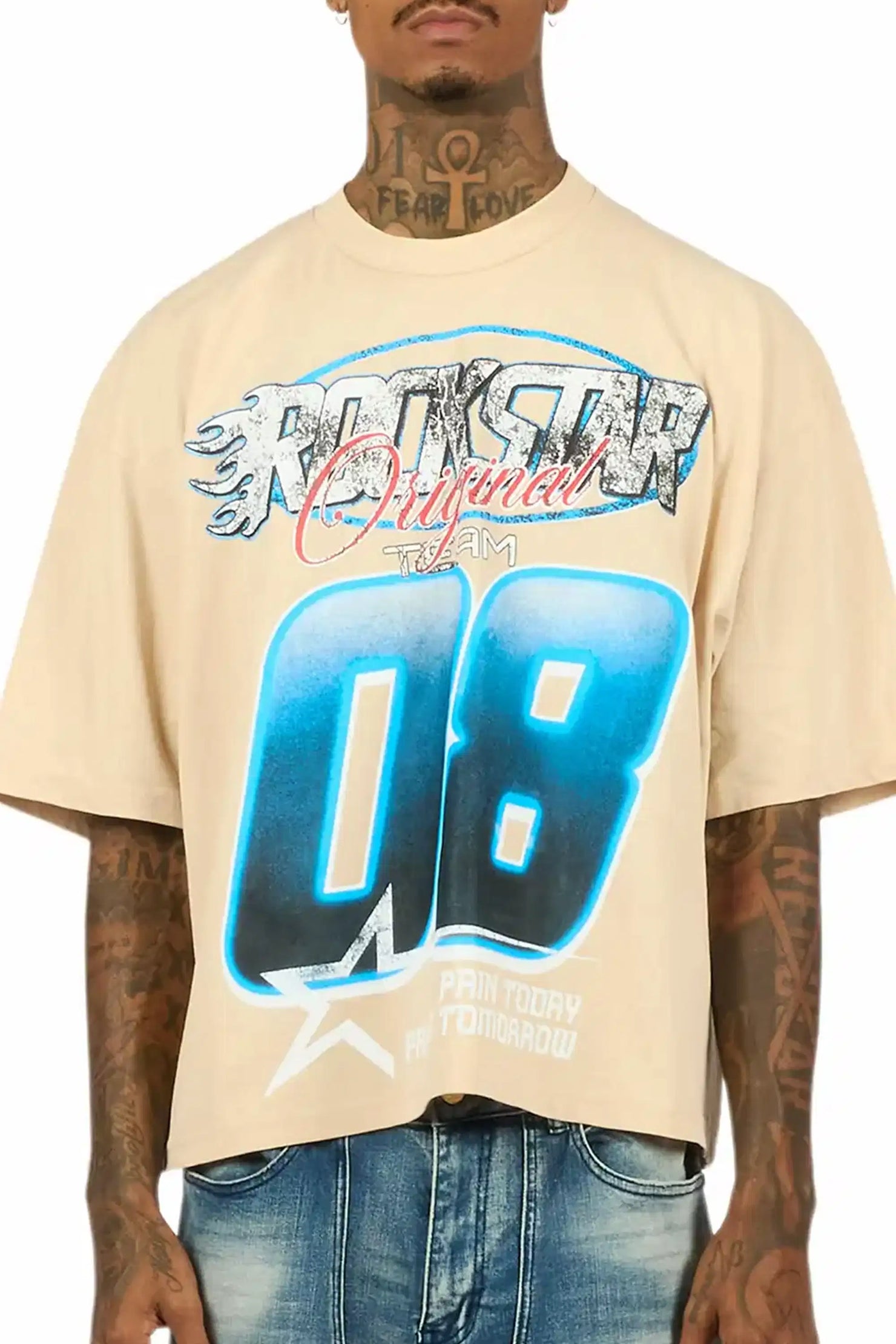 Ryker Beige/Blue Boxy Crop T-Shirt