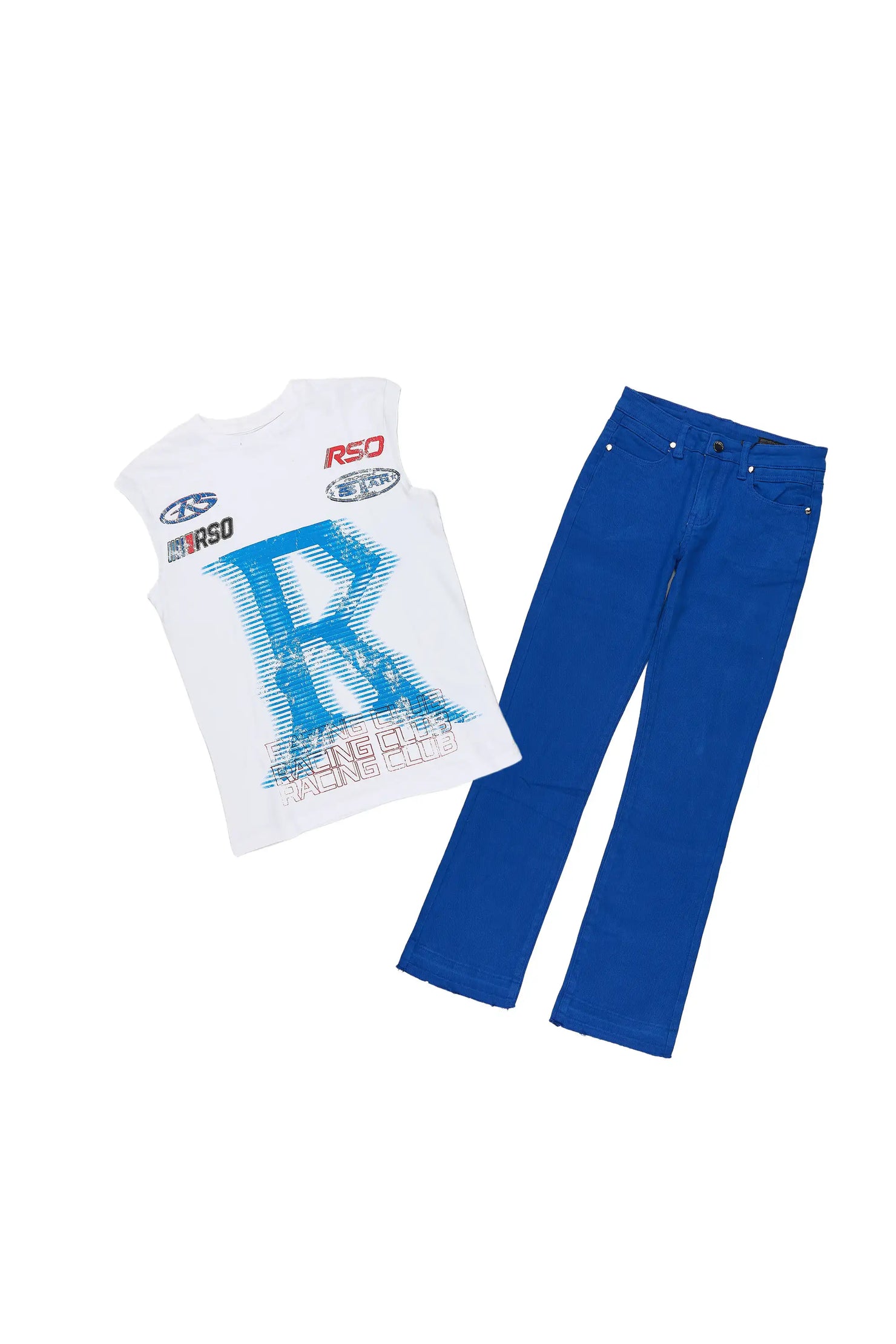 Boys Damarion White/Royal Cut Off T-Shirt Stacked Jean Set