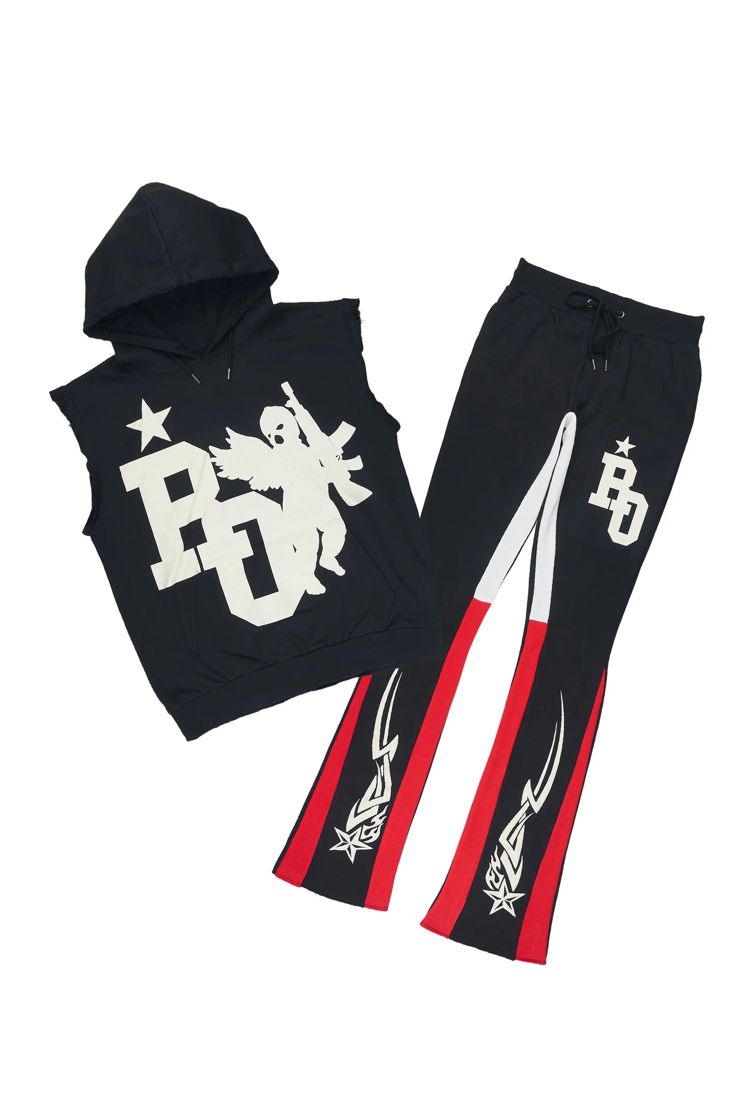 Pluton Black/Red Cut Sleeve Hoodie/Stacked Flare Track Set