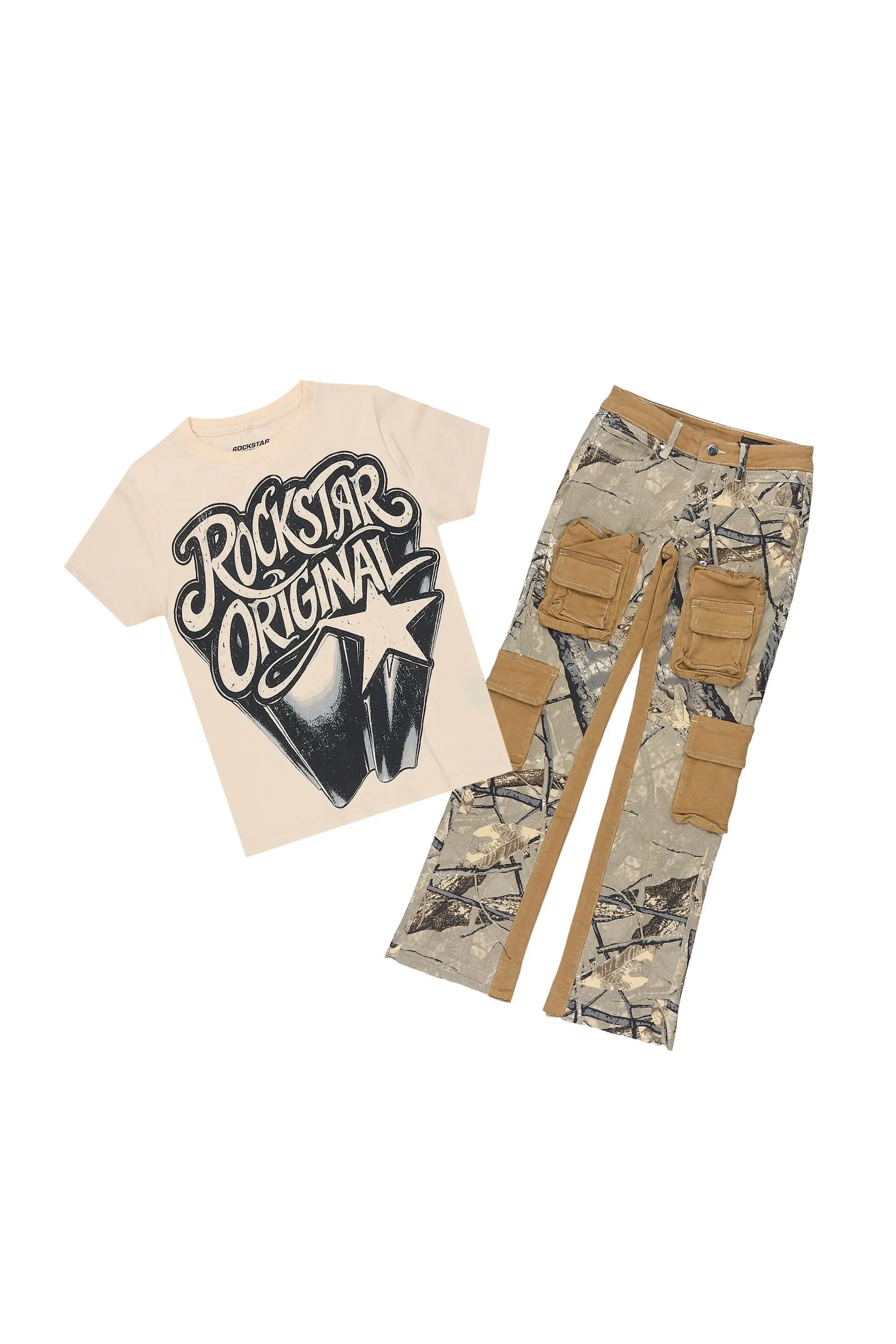 Boys Zayden Sand T-Shirt Stacked Jean Set